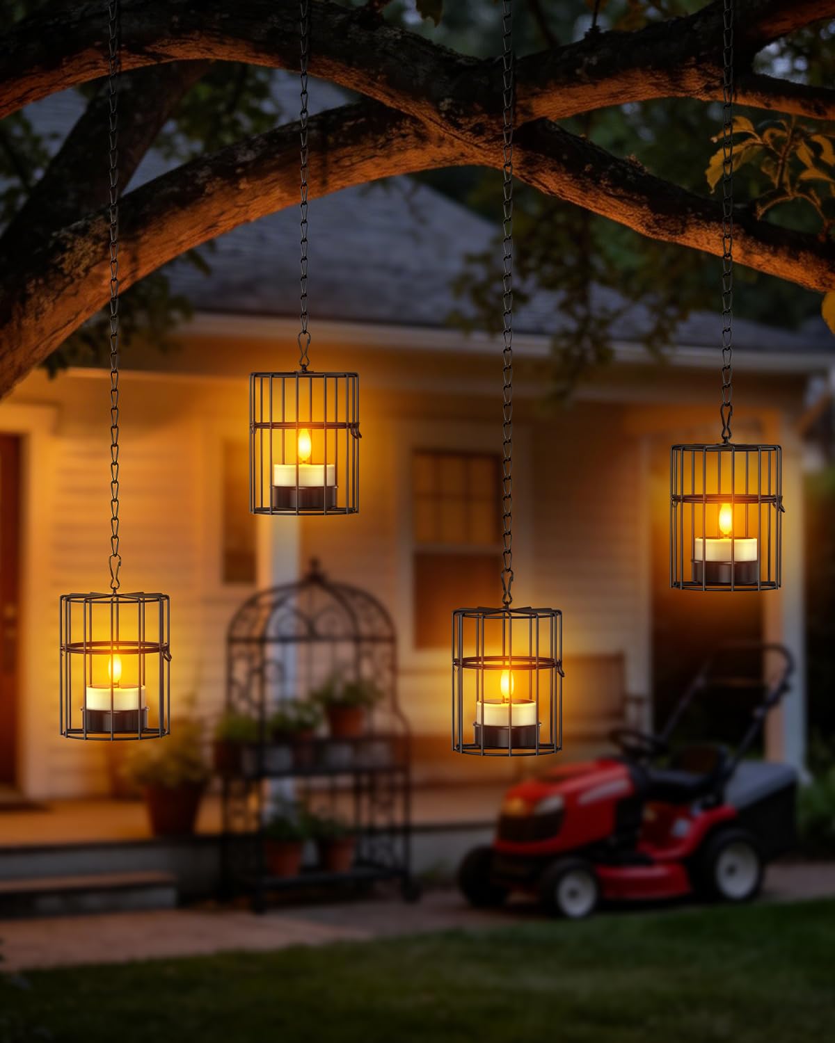 Yme Solar Hanging Lanterns Outdoor Waterproof, 2 Large 2 Small Hanging Candle Holders - 4PCS Flickering Flameless LED Solar Tea Lights, Outdoor Decor for Patio Garden Backyard Tree Fence Pergola