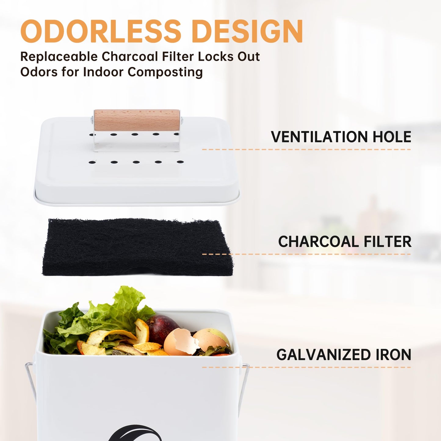 Candco Kitchen Compost Bin, 1.7 Gallon Countertop Compost Bin with Lid and Charcoal Filter, Kitchen Composter for Food Waste, Rust Proof Indoor Bucket, White