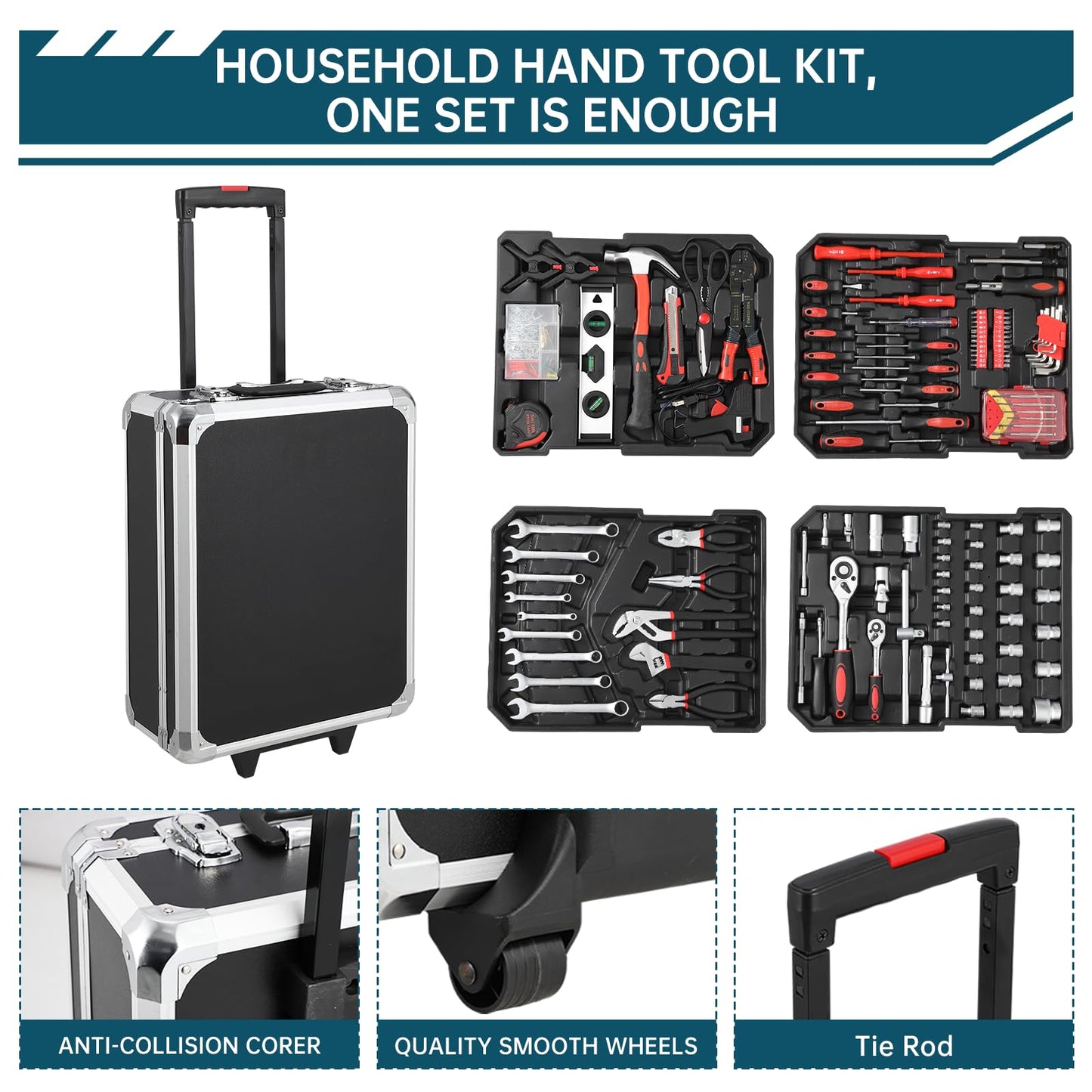 800-Piece Mechanics Tool Set with Rolling Aluminum Case, Complete Socket & Wrench Kit with Hand Tools, Portable Garage Tool Box for Auto Repair, Home Maintenance, DIY Projects & Garden Work