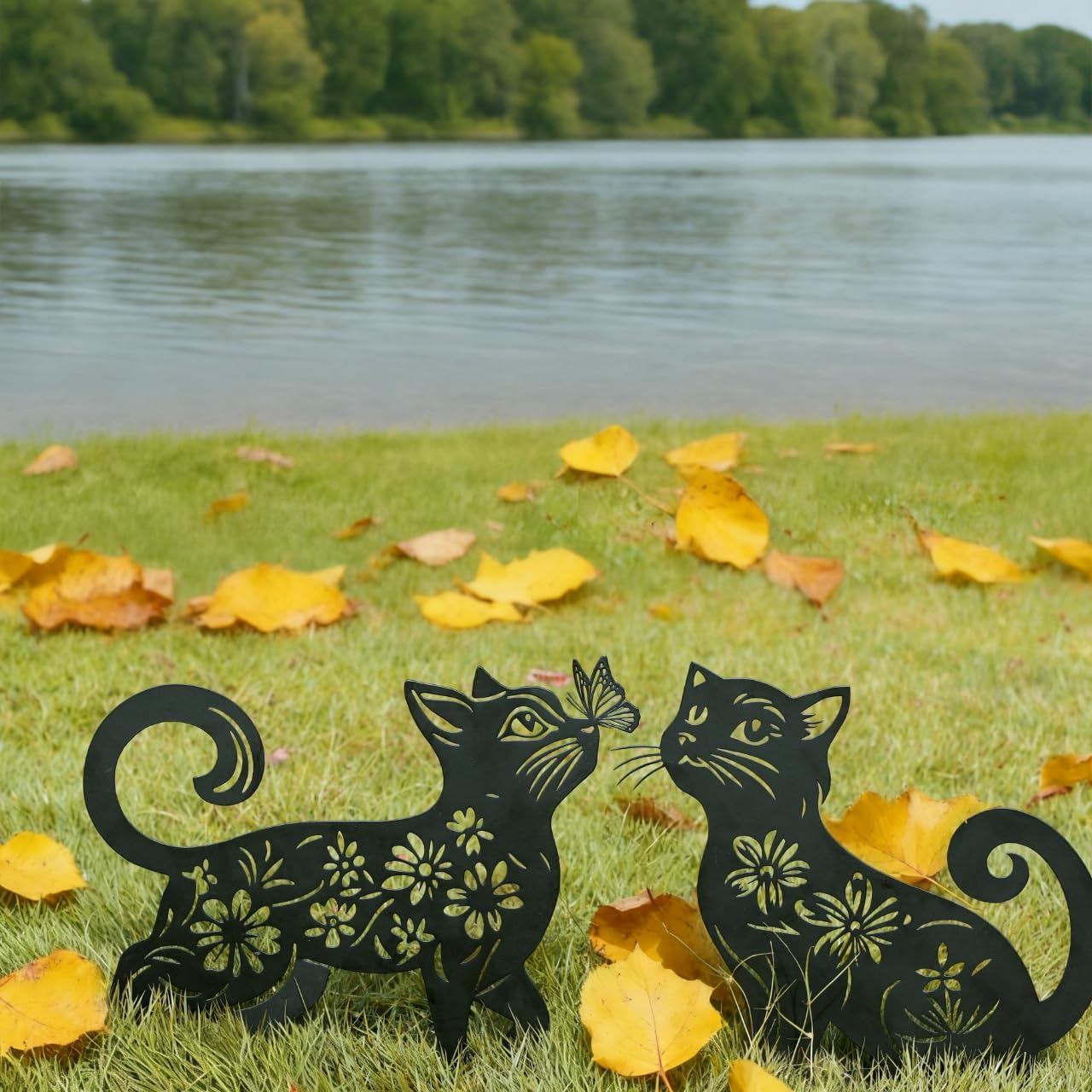 Rioneta Metal Cat Garden Decor for Outside (2 Pack), 14 Inch Yard Art Stakes,Unique Cat Gifts for Kitty Lovers, Outdoor Lawn Statues and Weather Resistant Yard Art