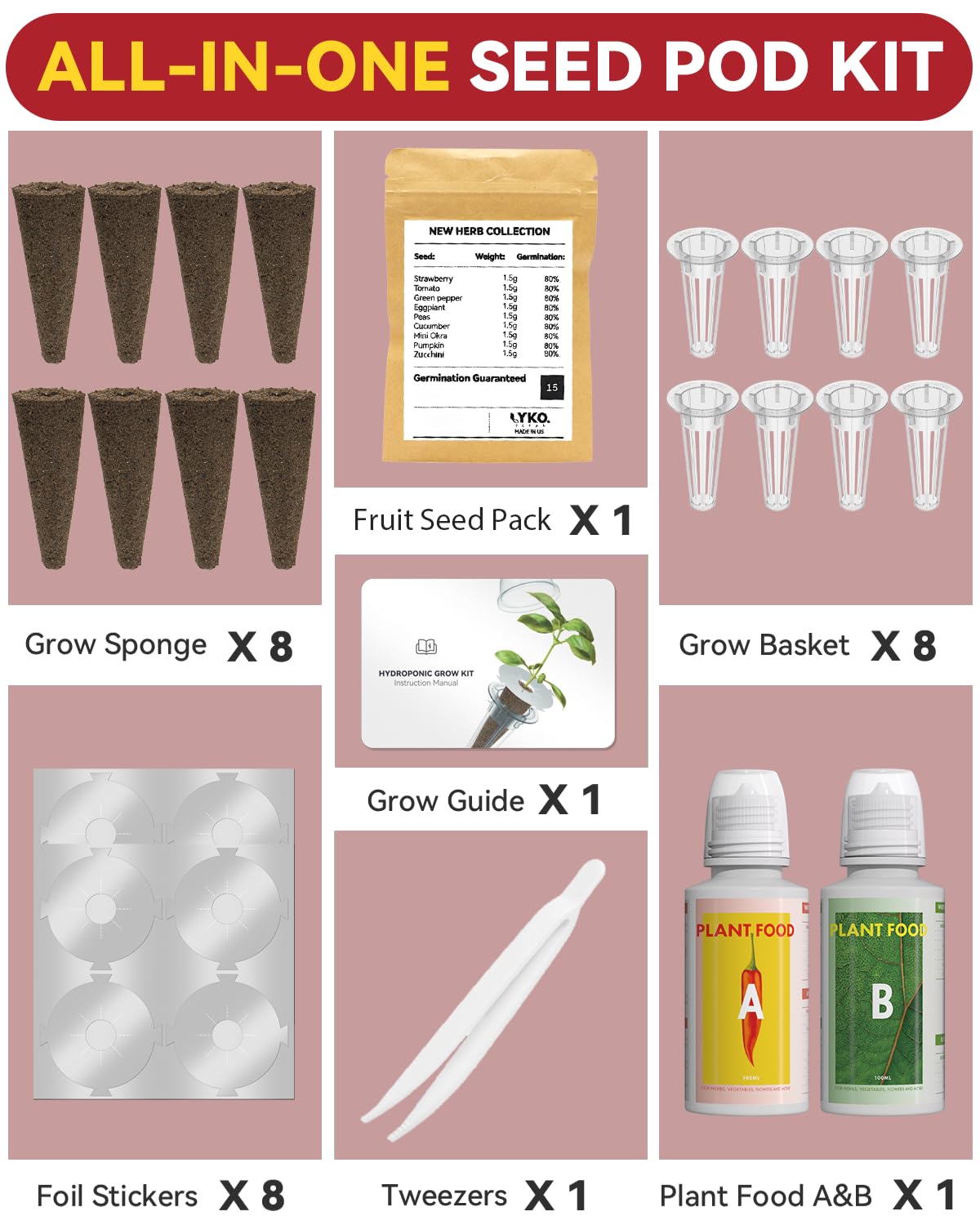 LYKOCLEAN 8-pod Fruits Seeds Pod Kit for AeroGarden, iDOO, Ahopegarden Hydroponics Growing System, 350+ Seeds (Include Red Strawberry, Tomato, Green Pepper, Eggplant, Peas, Cucumber, Okra, Pumpkin)