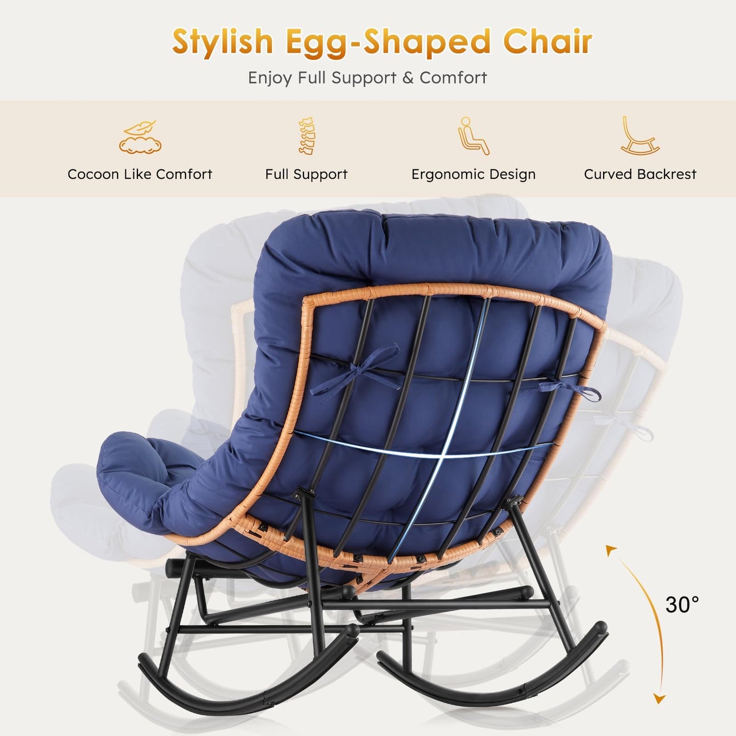 GAOMON Papasan Rocking Chair with Foot Rest, Papasan Chair with Thick Removable Cushion and Metal Frame, Lounge Chairs and PE Rattan Rocker for Patio, Garden, Lawn, Living Room and Relaxation Space