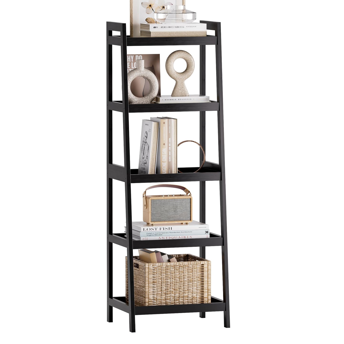 SMIBUY Bamboo Ladder Bookcase, Bathroom Storage Rack Organizer, 4 Tier and 5 Tier Freestanding Plant Display Stand Space Saver Shelves for Bedroom, Kitchen, Balcony (Black, 5 Tiers (50" H))
