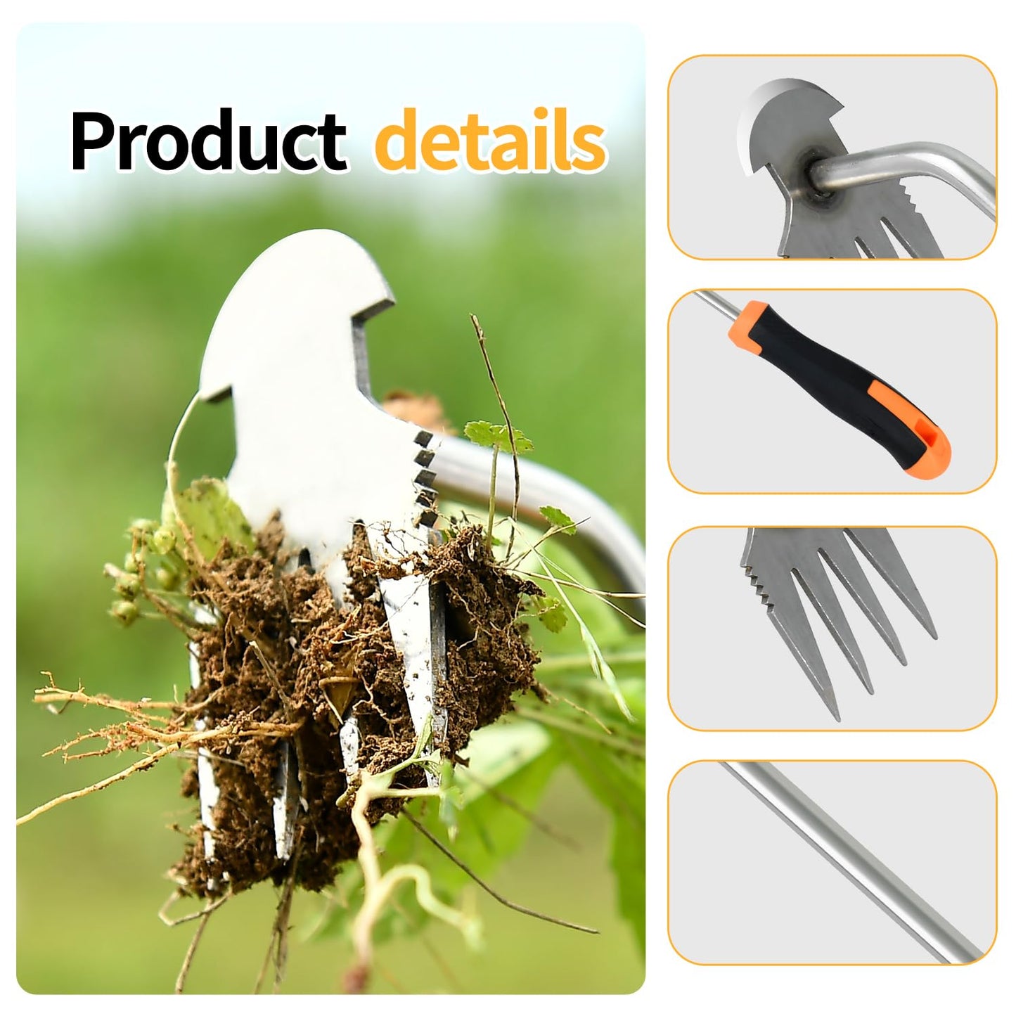 GANCHUN Weed Puller Tool，2024 New Garden Weeder Tool Stainless Steel Hand Weeder Tool,4 Teethes Dual Purpose Weed Remover Tool Weeding Tools for Gardening (Rubber Handle)