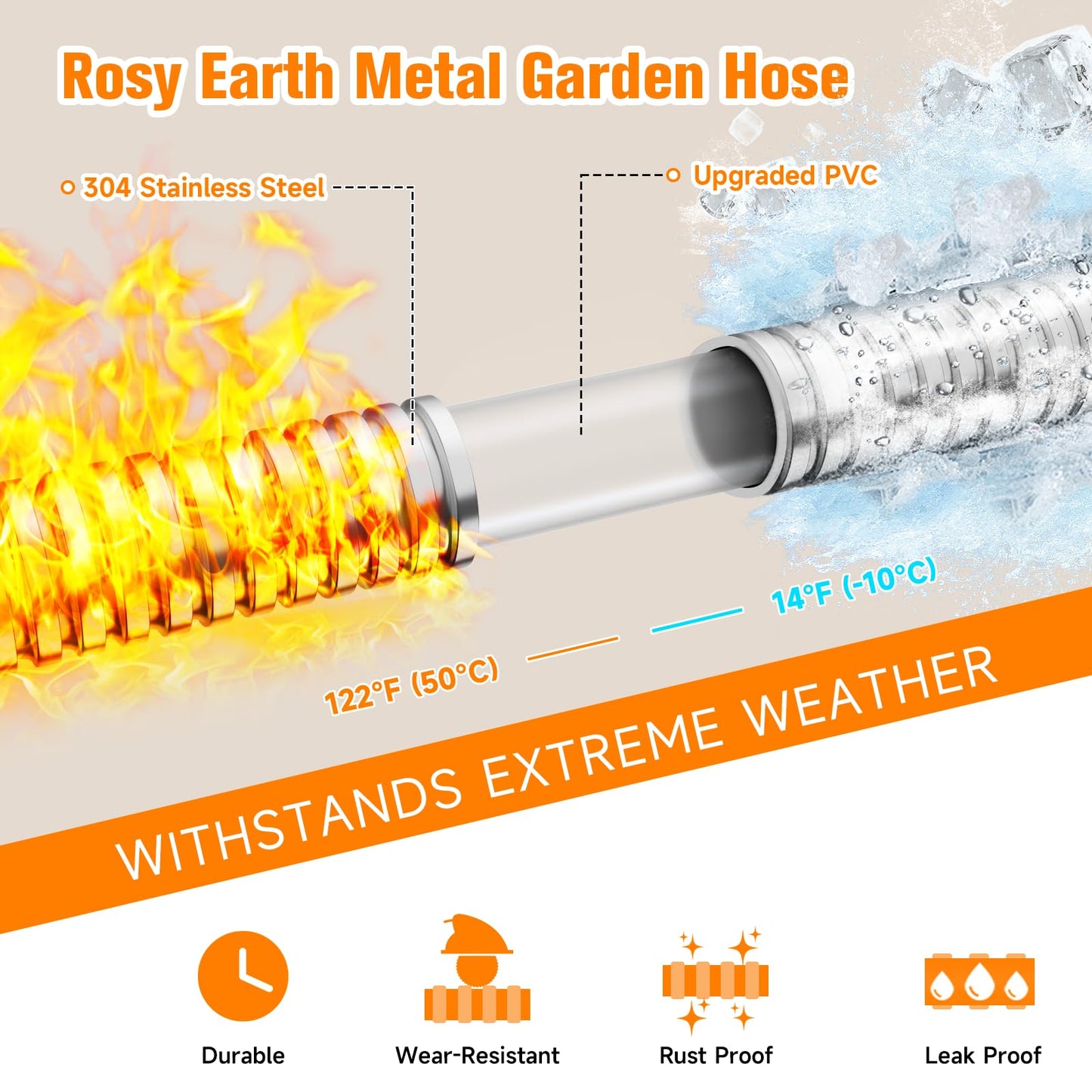 Rosy Earth Garden Hose 100 FT, Heavy Duty 304 Stainless Steel Flexible Water Hose, No-Kink, No Bite, Expandable Water Hose for Yard, RV, Car