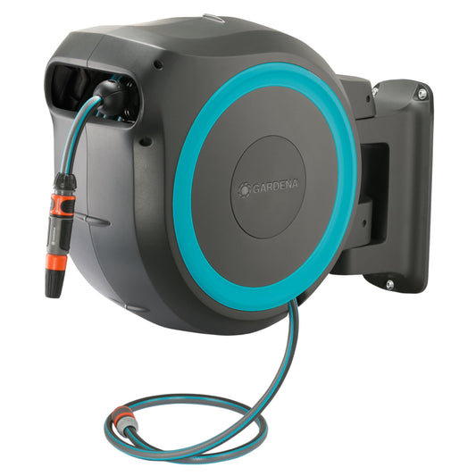 GARDENA (18630) Retractable Garden Hose Reel 115' x 1/2" Wall Mounted, Automatic Retraction & Length Lock for Easy Watering. Heavy Duty Swivel Bracket 180°, Includes Nozzle. Made in Europe