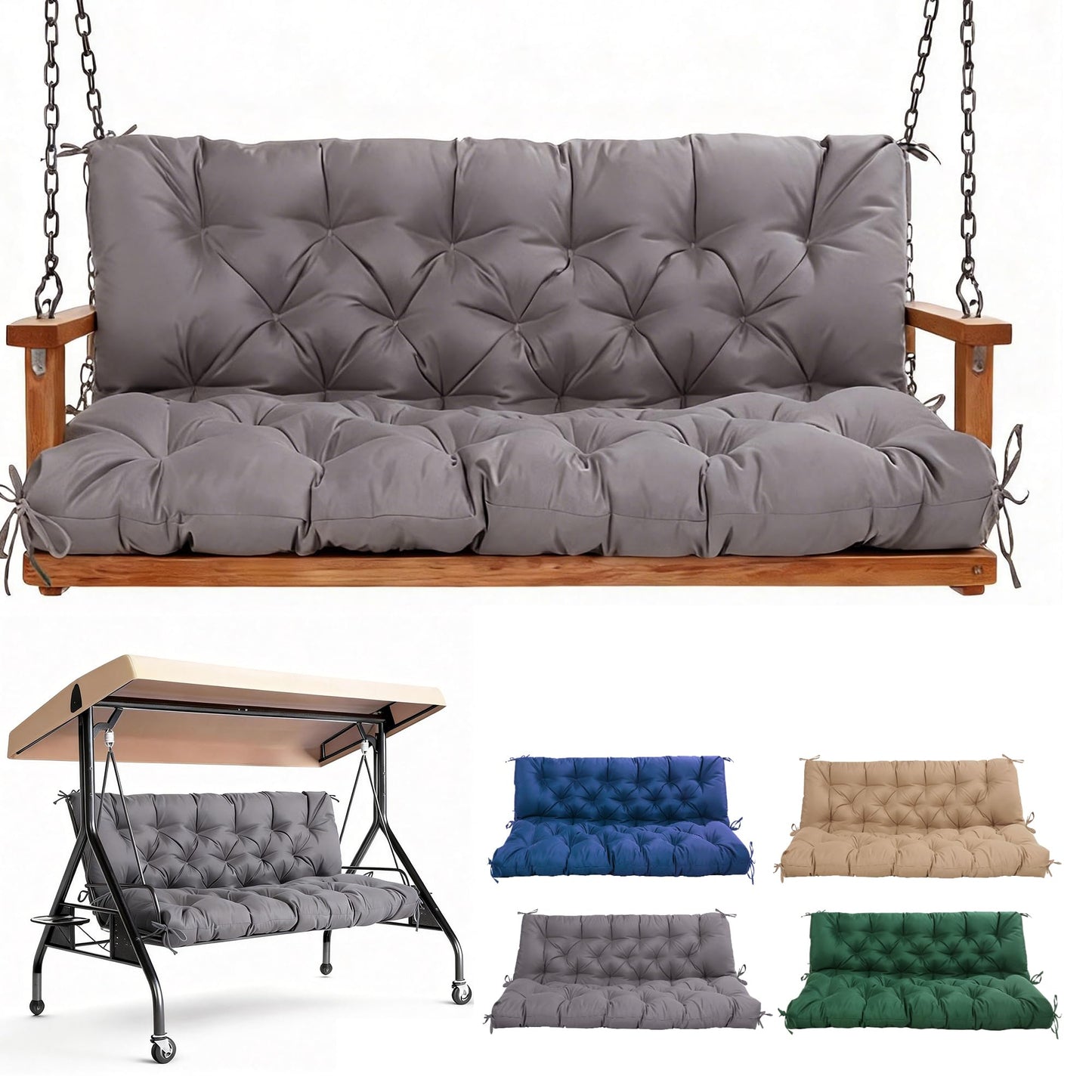 Porch Swing Cushions 60 Inch,Waterproof Patio 2 3 Seater Replacement for Outdoor Furniture with Backrest&Strap,Thick 4" Swing Seat Cushion for Loveseat Garden Glider Bench Lawn Backyard,Dark Gray