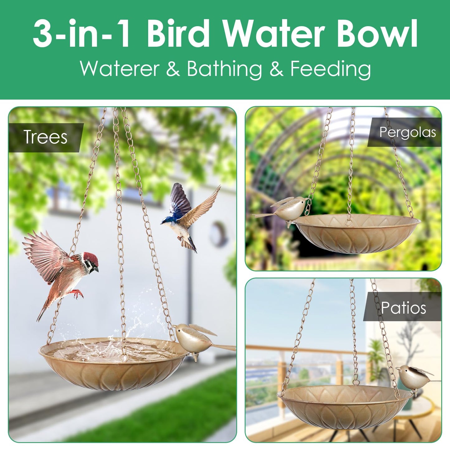 Hanging Bird Bath for Outside, 2 Pack Metal Birds Feeder & Water Bowl with Chains and S-Hooks,Birdbath Hanging for Outdoors Bird Feeder Seed Tray Garden Yard Decor (Rustic Gold)