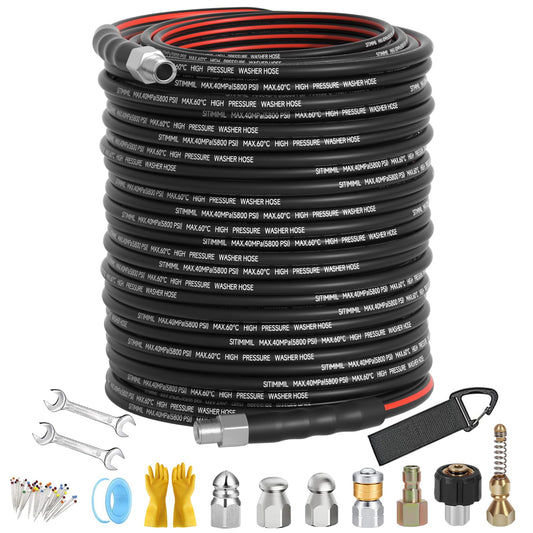 Sewer Jetter Kit for Pressure Washer 200FT, Drain Cleaner Hose 1/4 Inch NPT, NPT Corner Swivel and Push Button Nose Sewer Jet Nozzle Wrenches Gloves Waterproof Tape Pearl Brooch,5800PSI
