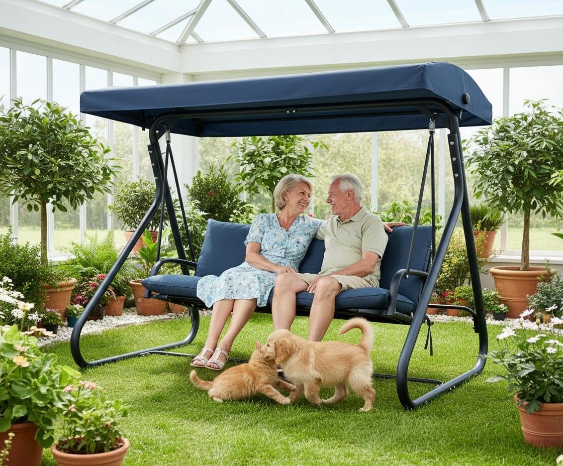 GarveeLife 3-Seat Outdoor Swing Glider with Canopy, Converts to Flat Bed, Adjustable Shade, Removable Cushions, Heavy-Duty Steel Frame, 750 lbs Capacity, for Patio, Backyard, Porch or Garden, Blue