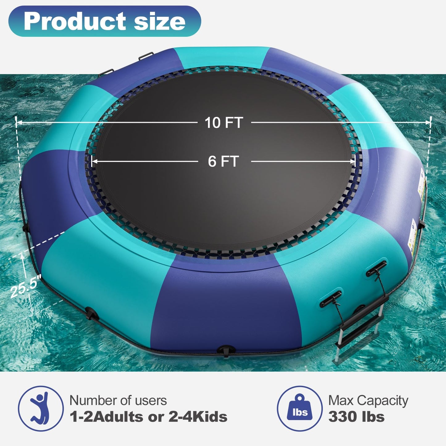 10FT Inflatable Water Trampoline, Recreational Water Bouncer, Adults Youth Floating Rebounder with 4-Step Ladder, Portable Bounce Swim Platform for Pool, Lake, Water Sports