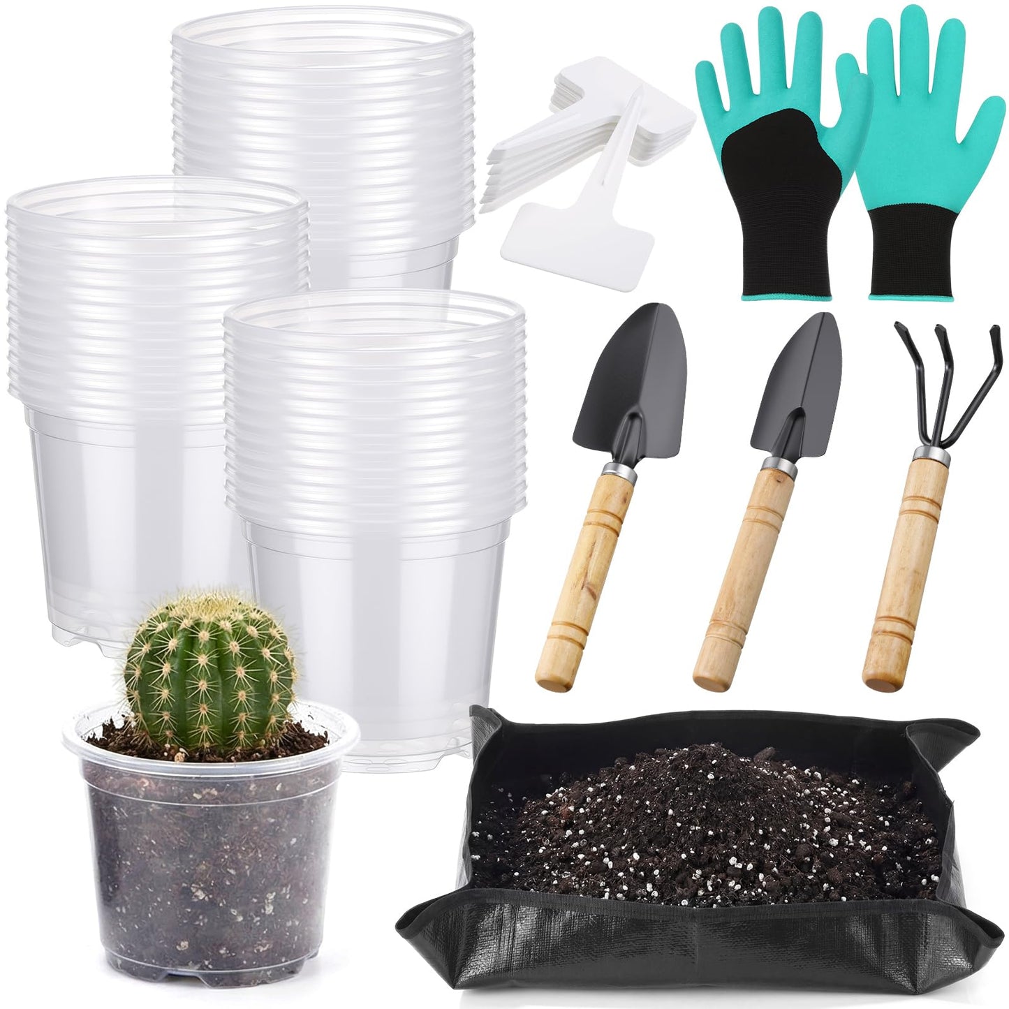 Yiyiring 83 Pcs Garden Supplies Tools Kit, 3 Inch Clear Plastic Plant Pots with Transplanting Mat, Trowel Cultivator Rake Set, Label & Glove, Succulent Tools Gift for Plant Lovers Accessory
