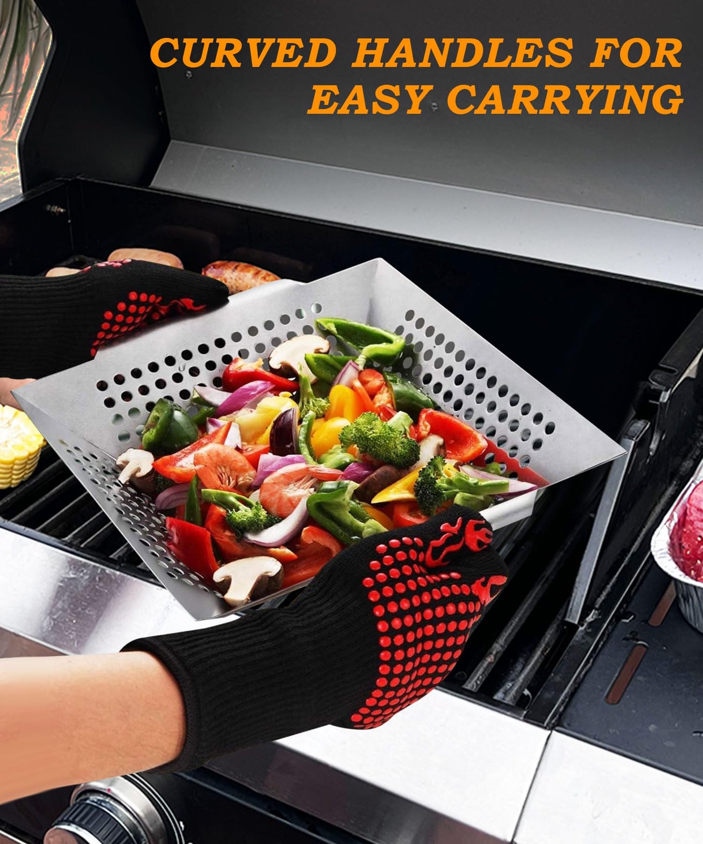 Foedo Grill Basket for Outdoor Cooking 13.4 Inch, Stainless Steel Vegetable & Fish Grilling Tray with Handle, Nonstick Dishwasher Safe BBQ Accessories for Camping, Backyard BBQ