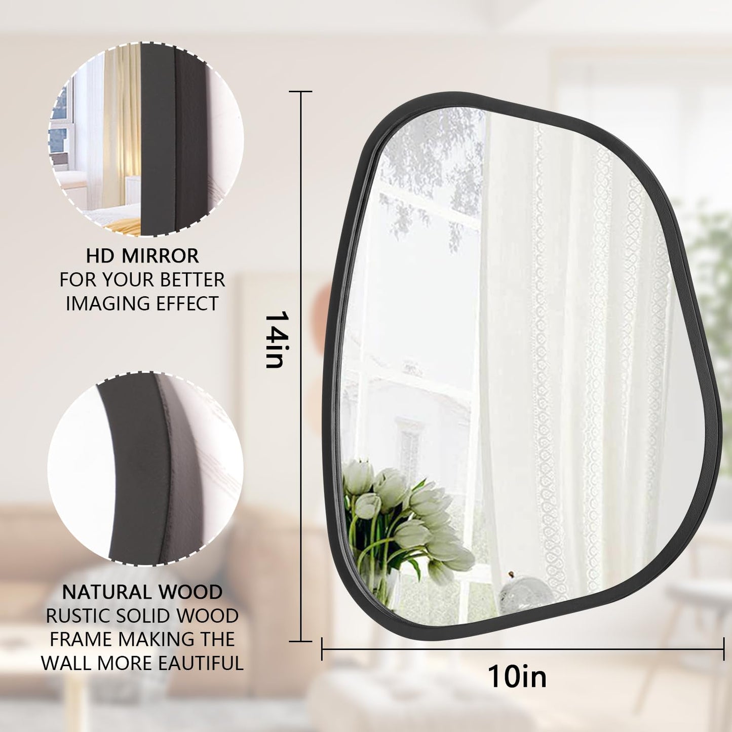 HLFMVWE Asymmetrical Mirror for Wall Irregular Oval Wood Frame Modern Unique Accent Wall Mirror Decorative Vanity Bathroom Living Room Bedroom Entryway Hallway Artistic Wavy Mirror Small 14"x10"
