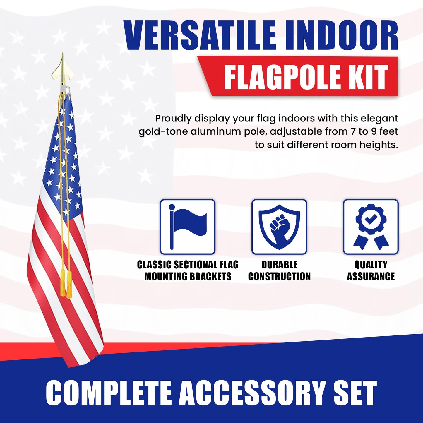 Super Tough Indoor Flag Pole kit 7ft - Army Spear - Gold Texture Base - Aluminum Flagpole with Brass Finish - Heavy Duty Inside House Flagstaff - Interior Shaft and Stand - No Ensign Included