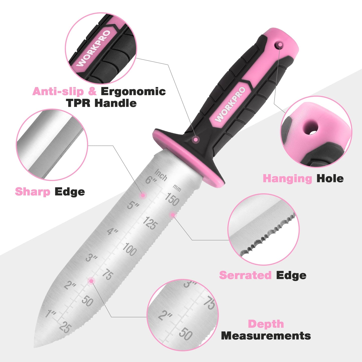 WORKPRO Hori Hori Garden Knife, 7" Stainless Steel Blade with Cutting Edge, Garden Tools with Oxford Sheath, Ergonomic TRP Handle with Hanging Hole for Weeding, Planting, Digging, Pink Ribbon