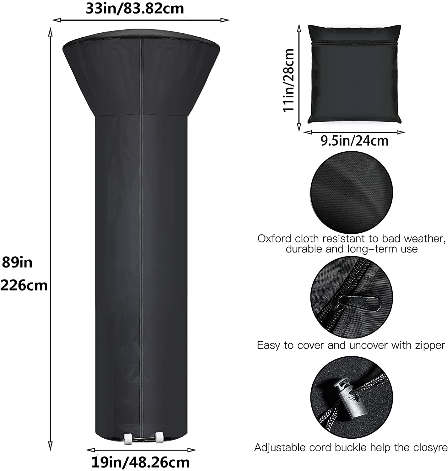 [2 Pack] Patio Heater Covers with Zipper and Storage Bag,Waterproof,Dustproof,Wind-Resistant,Sunlight-Resistant,Snow-Resistant,Black,89'' Height x 33" Dome x 19" Base
