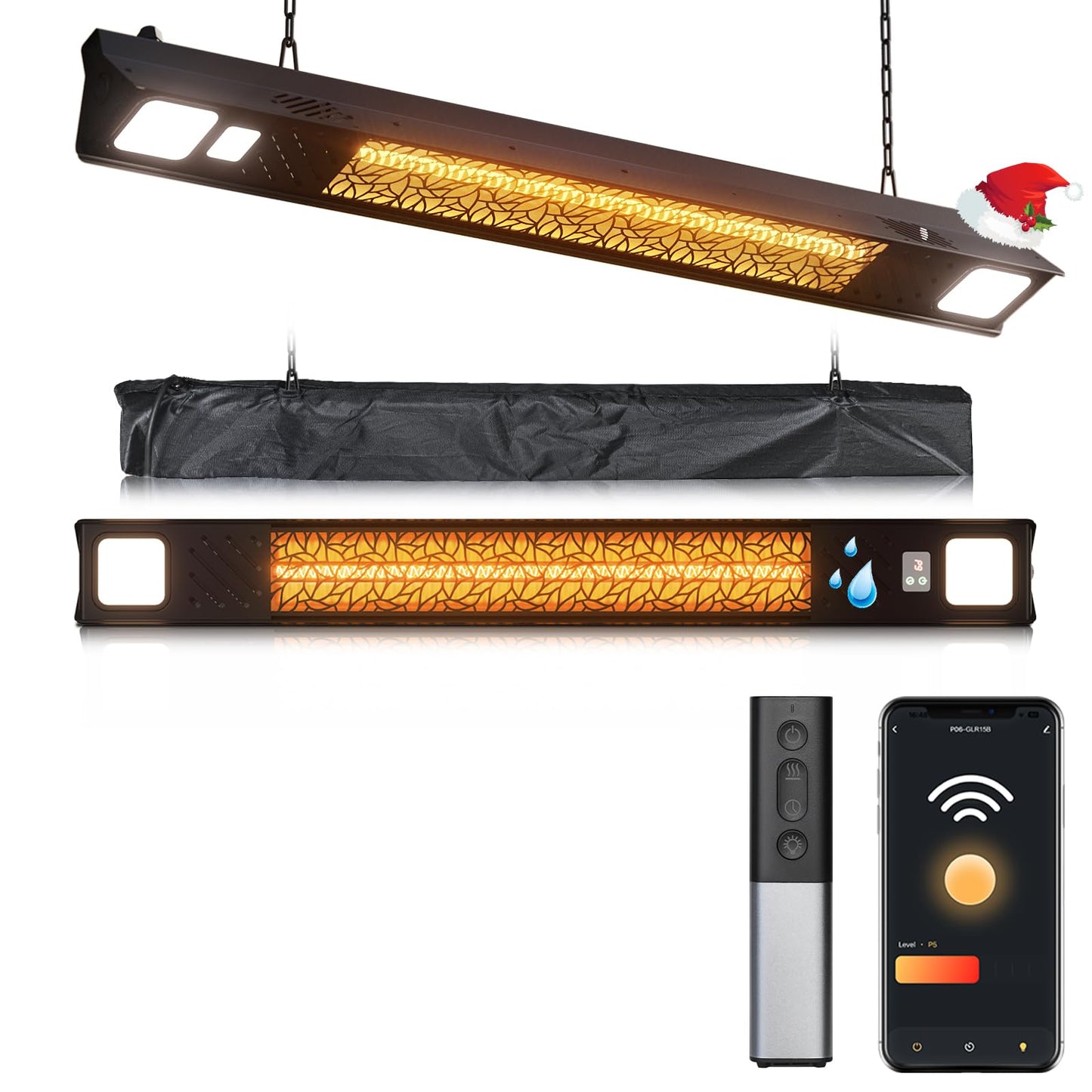 Wall-Mounted Electric Heater Hanging Patio with Light Ceiling Outdoor, 1500W Infrared 9 Heat Levels, 24H Timers, 1s Heating Carbon Fiber Tube Wall Heater for Backyard, Garage