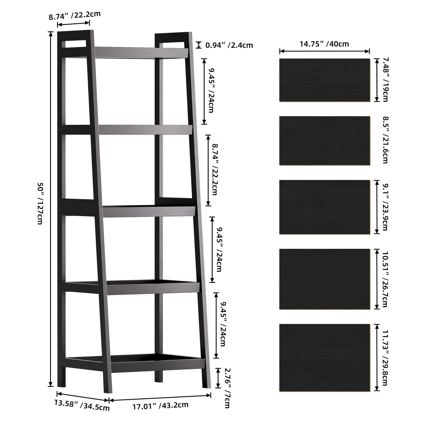 SMIBUY Bamboo Ladder Bookcase, Bathroom Storage Rack Organizer, 4 Tier and 5 Tier Freestanding Plant Display Stand Space Saver Shelves for Bedroom, Kitchen, Balcony (Black, 5 Tiers (50" H))