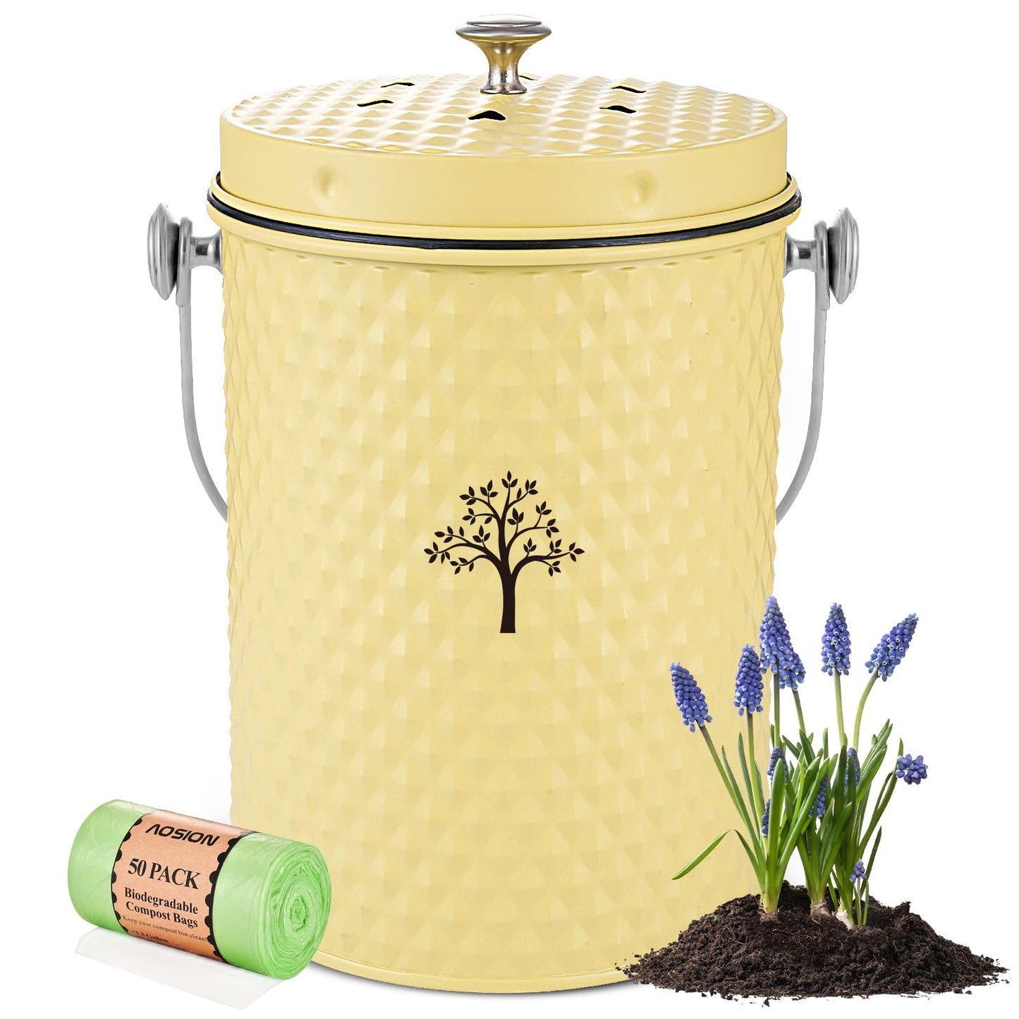 AOSION Countertop Compost Bin Kitchen,Odor Resistant Indoor Compost Bin with Lid and Compost Bags,Compost Bucket Composter Container for Food Waste,Yellow