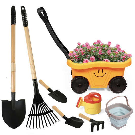 CHEERBANK Toddlers Rake & Shovel Set with Wheelbarrow, Kids Yard Tools for Digging, Gardening, Beach, Sandbox, Lawn, Camping, Summer Outdoor Garden Toys Gifts for Children Age 2-5 Years Old