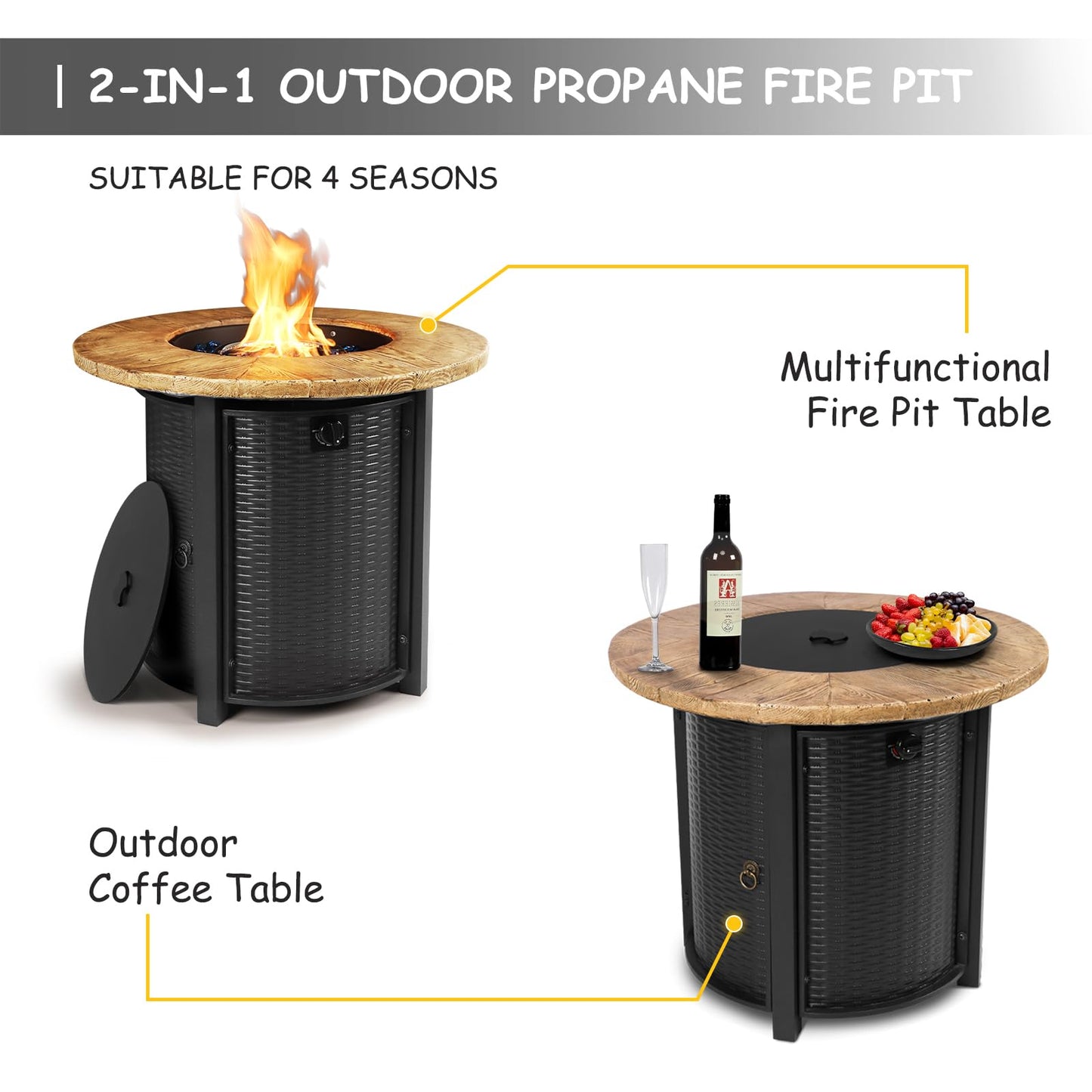 lovamsal 30 Inch Round Propane Fire Pit,50,000 BTU Iron Gas Firepit with Ignition Systems,w/Lid,Glass Stones,Outdoor Fire Table for Outside Patio,Deck-Black