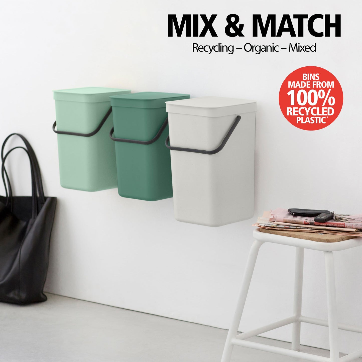 Brabantia Sort & Go Kitchen Countertop Food Scraps Compost Bin | XS / 1.6 Gal / 6L | Jade Green | Removable Stay-Open Lid, Carry Handle, Easy-Clean Recycling Box | Wall-Mounting Bracket Included