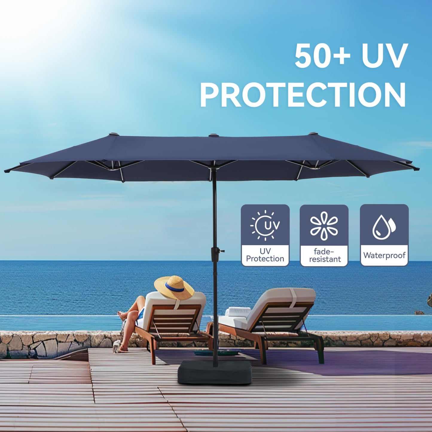 GREEN PARTY 13ft Rectangle Patio Umbrella, Double Sided Outdoor Table Umbrella with Crank & 1.5" Pole, Large Market Umbrella for Poolside Garden Deck Backyard, Navy Blue