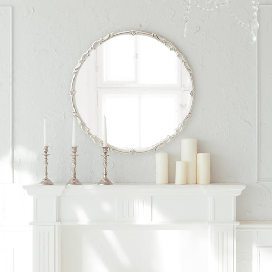 Kate and Laurel Brynley Decorative Traditional Metal Round Mirror; 24 Inch Diameter; Antique White; Coastal Vintage Ornate Circle Mirror with Iron Detail and Modern Rounded Frame Shape