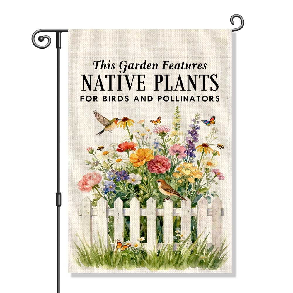 Vgrti This Garden Features Native Plants for Birds and Pollinators Garden Flag, Pollinator Friendly Yard Sign, Gardening Flag Gifts for Hummingbird Lovers, Welcome Yard Farmhouse Spring Outdoor Decor