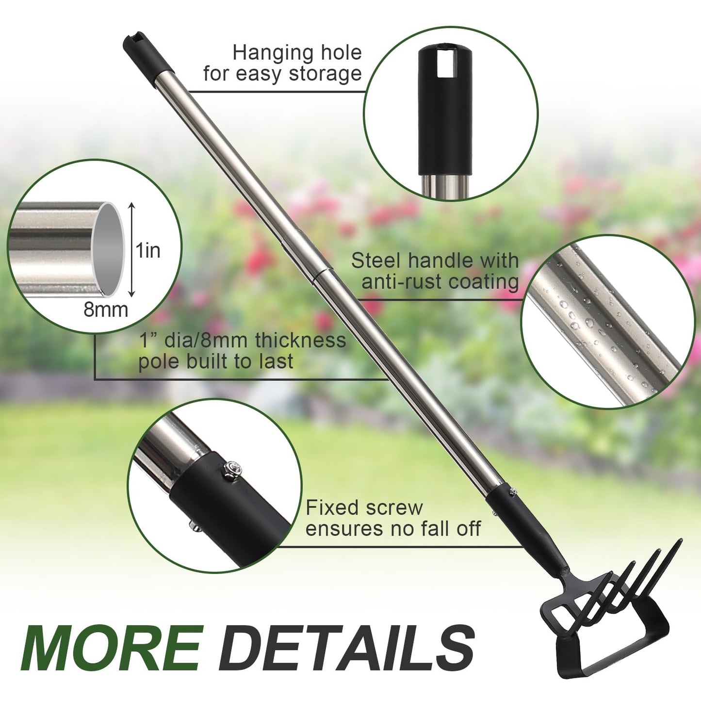 REILEIHODE Hoe Garden Tool for Weeding 2-in-1 Heavy Duty Metal Stirrup Hoe 4 Tines Prong Weed Hoe with 25-74 inch Long Adjustable Handle for Women Kids Men