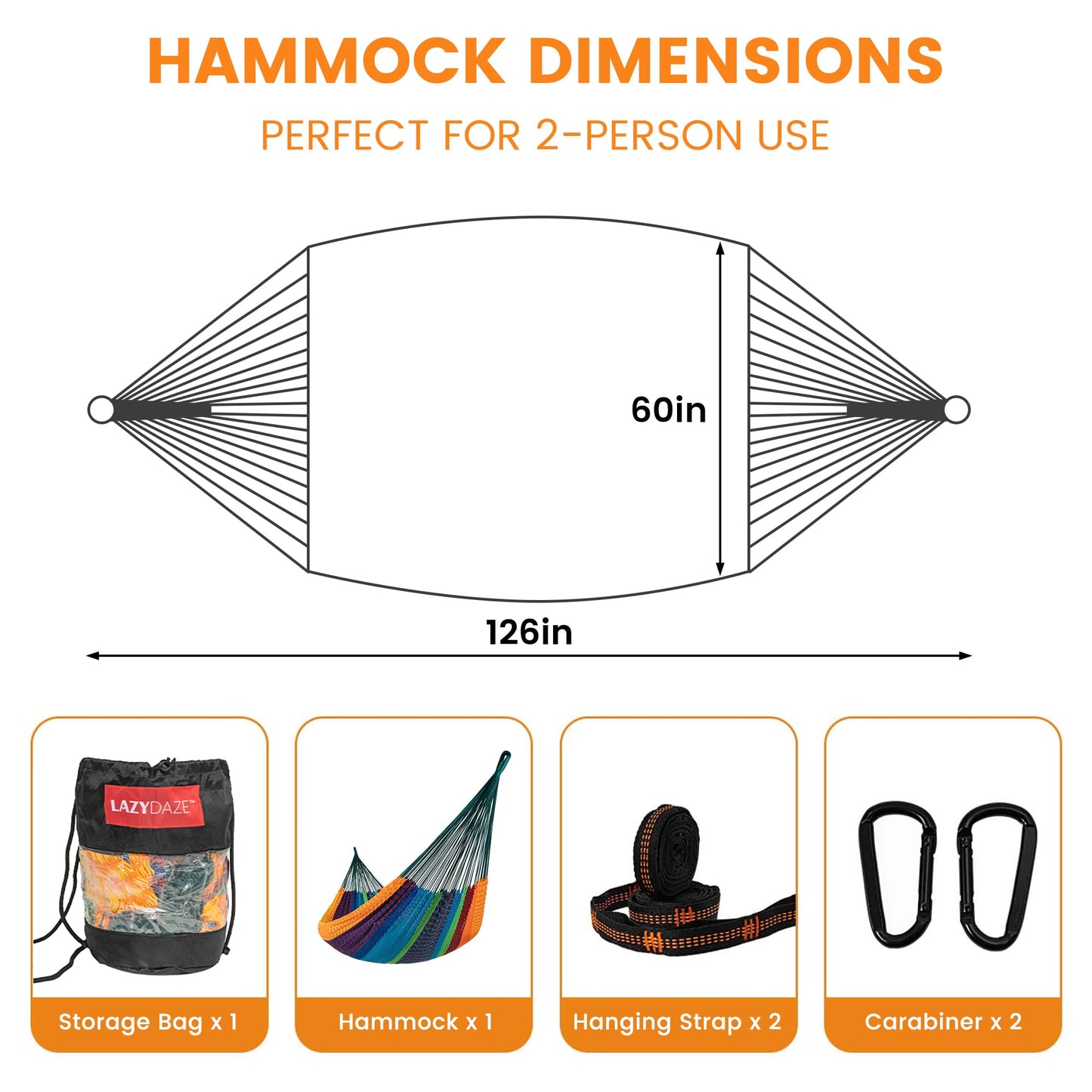 Lazy Daze Hammocks Handwoven Mayan Hammock, 10.5 FT Soft Rope Double Hammocks, Portable Outdoor Hammock with Carry Bag, 2 Straps & Carabiners for Patio Outside, 550 lbs Weight Capacity, Multi Color