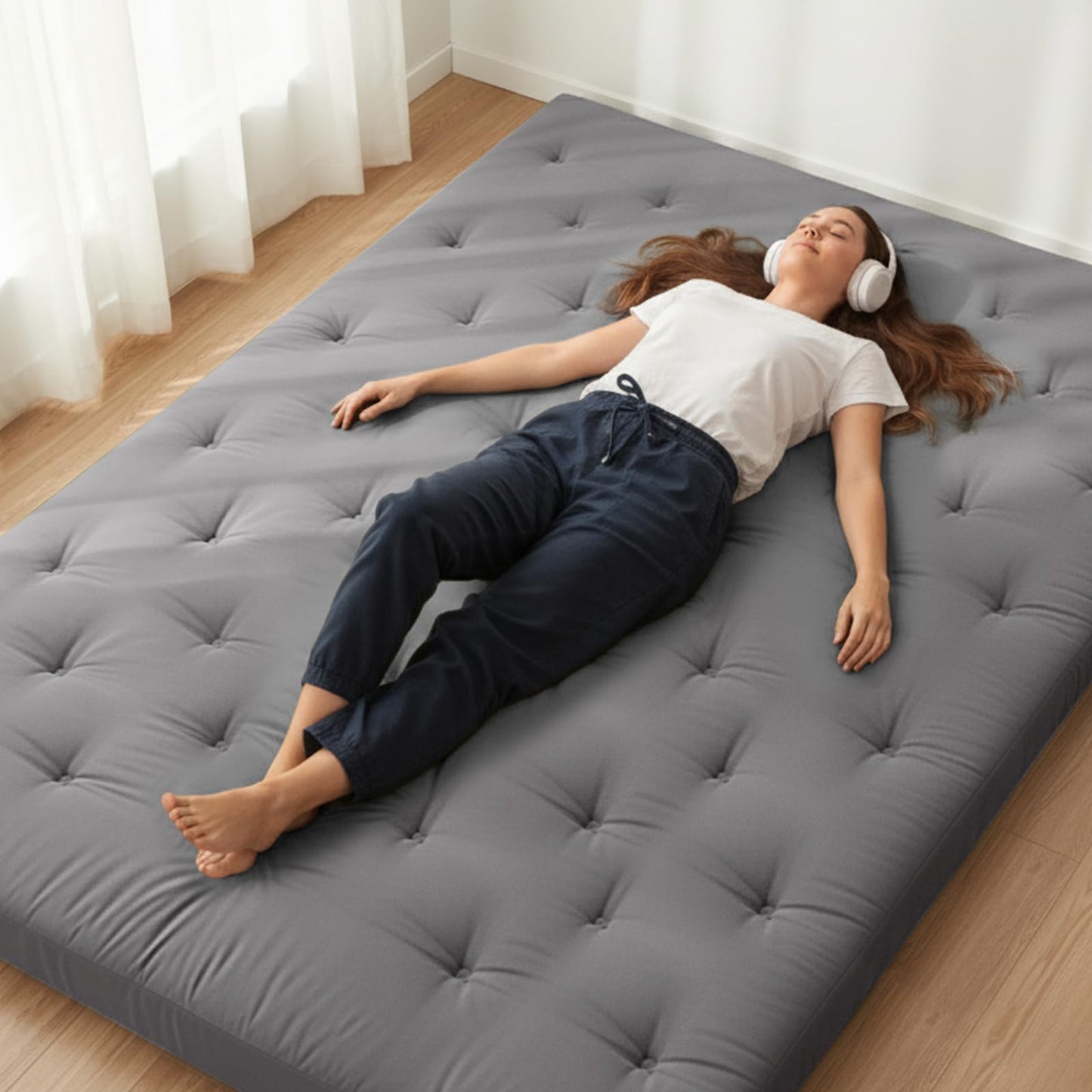ZonLi Japanese Floor Futon Mattress Queen Size 80"x 60", 100% Cotton Cover 2.5'' Thicken Tatami Mattress, Foldable Sleeping Pad, Portable Dormitory Tatami Mat(Grey)