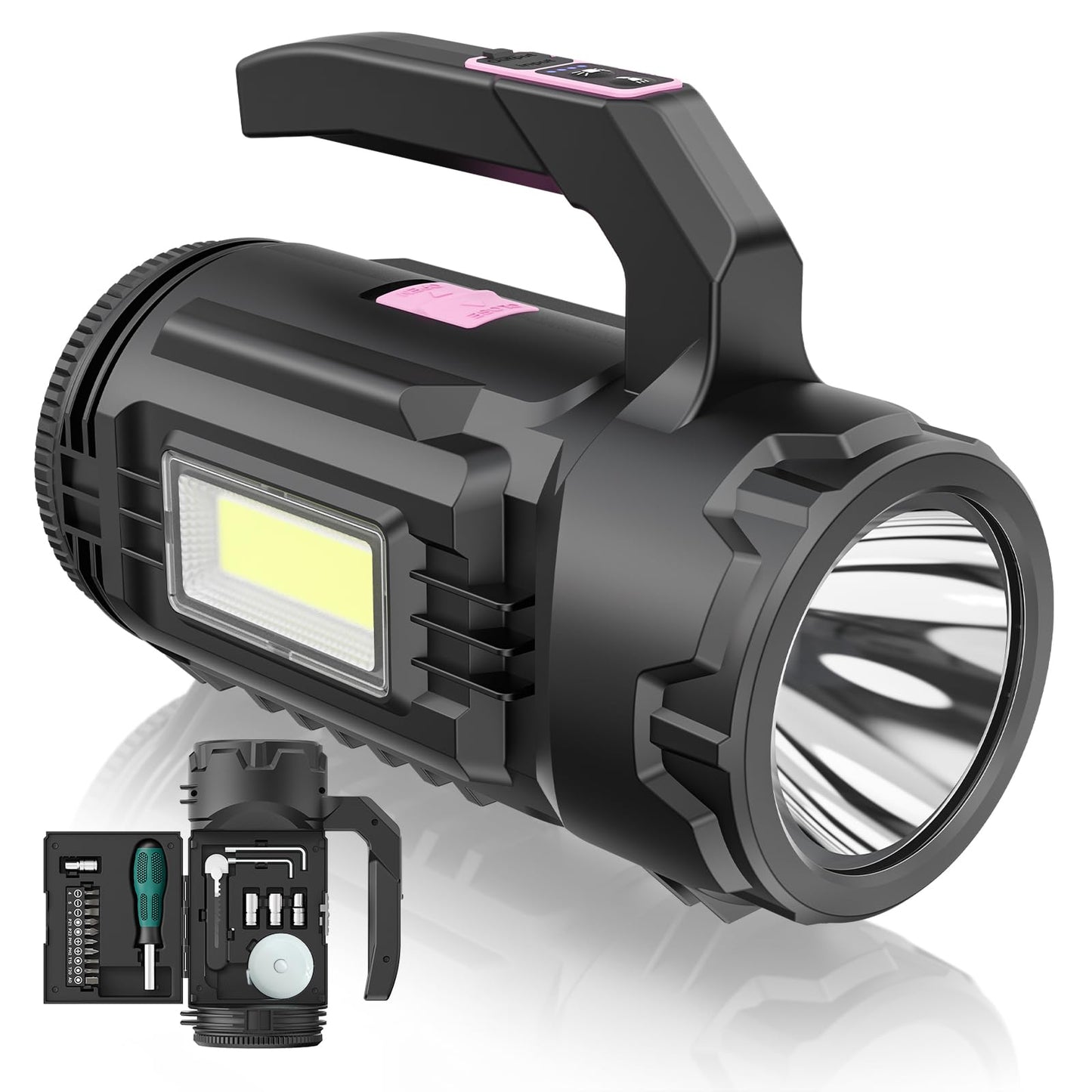 OGERY Rechargeable Flashlight, Multi-Tool Camping Lantern with 983LM, 9000 mAh Portable LED Camping Spotlight for Camping Emergency, Outdoor Hiking, Pink/Black
