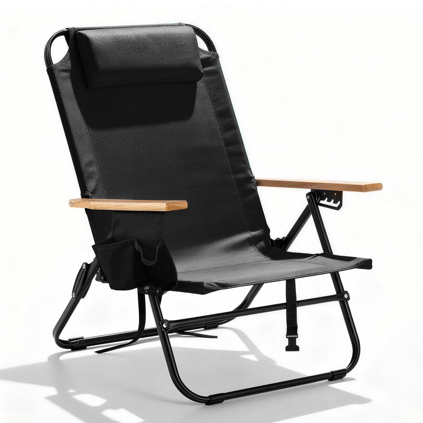Canpsky Premium Portable Camping Chair 5-Position Recliner Beach Folding Lightweight Outdoor Chair with Wooden Armrests, Headrest, Multi-Pockets Heavy Duty 350lbs, for Patio, Backyard, Black