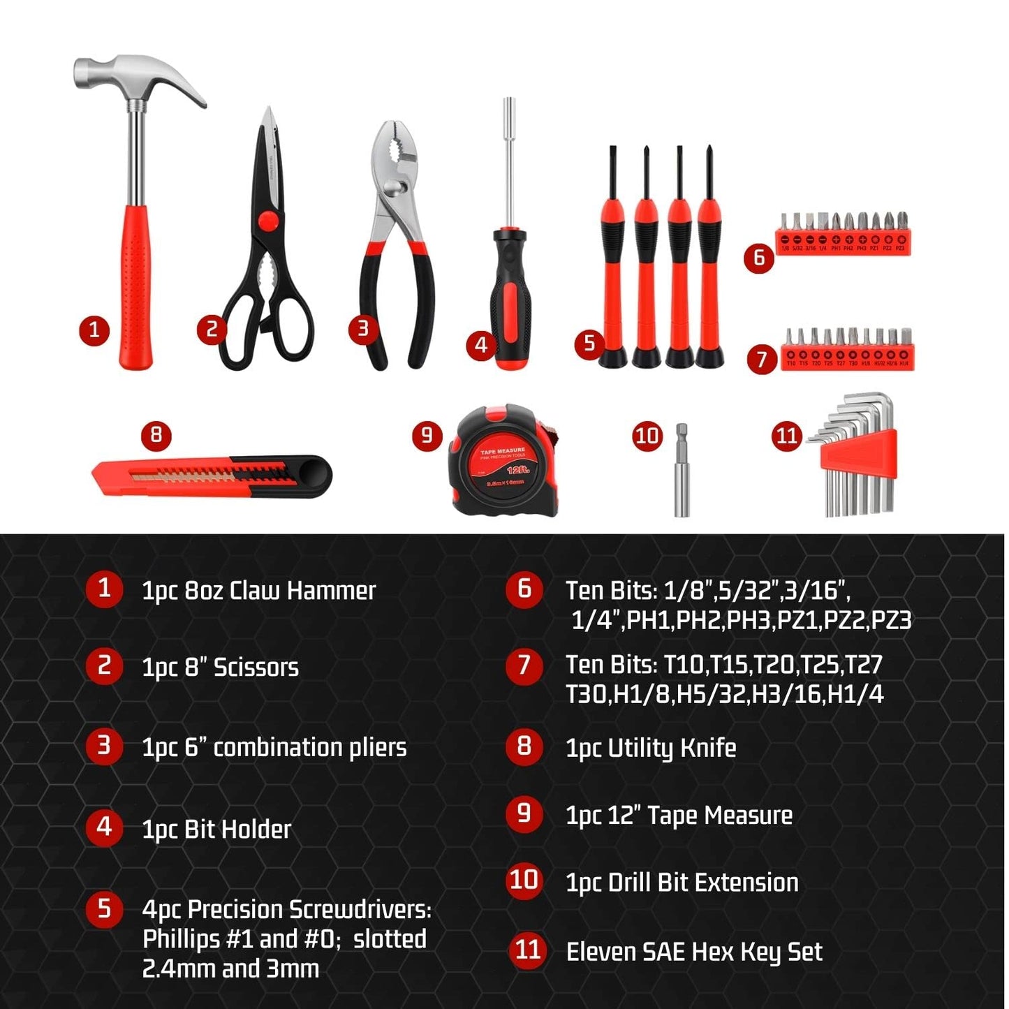 Flexzion 39 Piece Hand Tool Kits with Case - Compact Tool Kit for Handyman, Homeowners DIY - Household Tool Kit for Home with Portable Basic Tool Set Case, Red