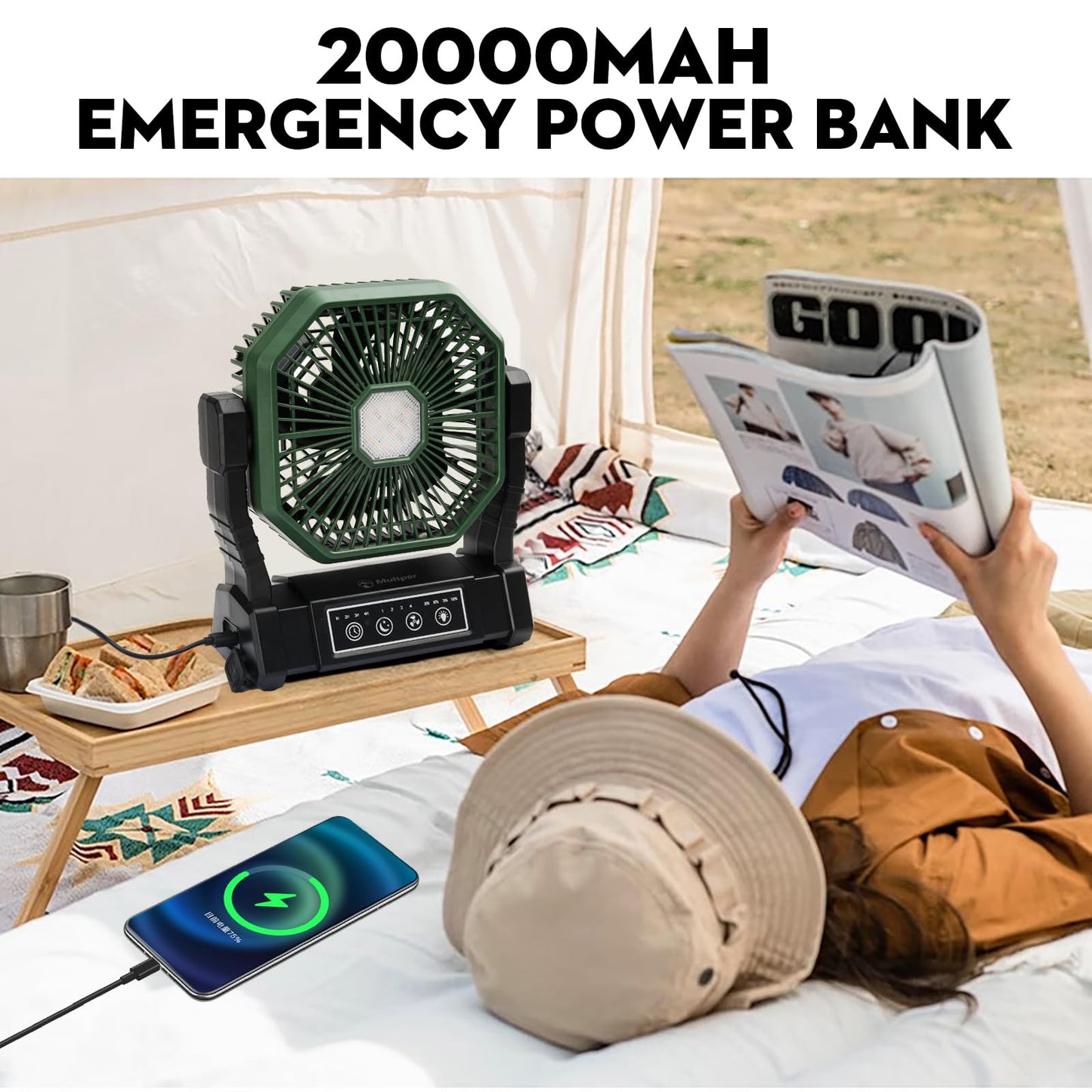 Multper Portable Fan, 20000mAh Camping Fan with LED Lantern & Remote, 4 Speed & 4 Timing Rechargeable Fan for Tent Travel Camping Picnic Beach BBQ