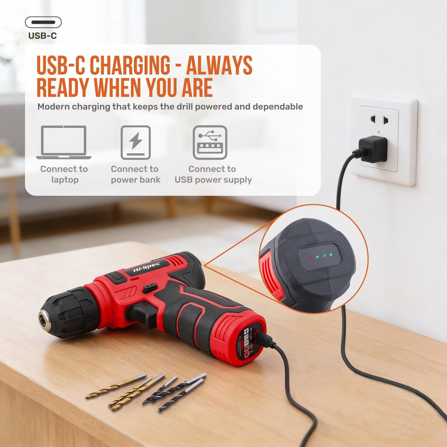 Hi-Spec 8V USB Power Drill Driver Screw Drill Bit Set. Cordless & Rechargeable Electric Drill Driver with Wall Hanging Kit,Red