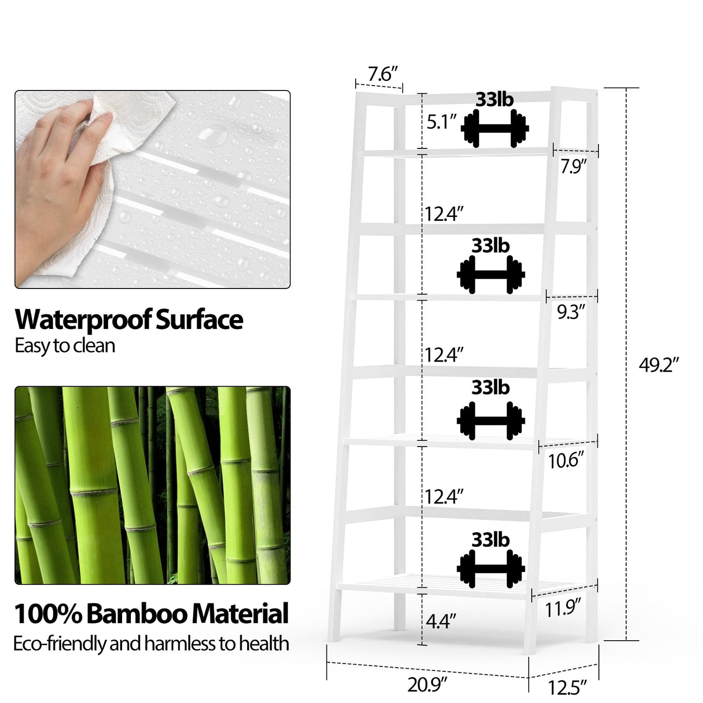 Thalomely Bamboo White Bookshelf, 4-Tier Ladder Shelf Freestanding Space Saver Open Bookcase Book Shelf, Bamboo Storage Shelving Unit Flower Plant Stand for Living Room, Bathroom, Home Office