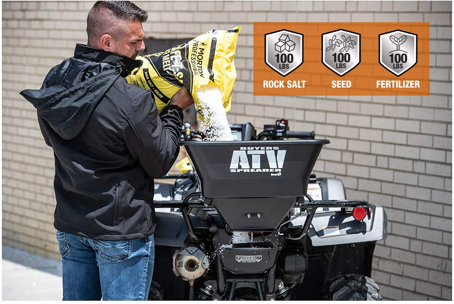 Buyers Products ATVS100 ATV Broadcast Spreader with Rain Cover, 100 lb Capacity, Rear Rack Mount, Poly Hopper, 12V Motor, for Seed, Fertilizer, Salt & Feed, All Season Use, ATV Accessories & Lawn Care