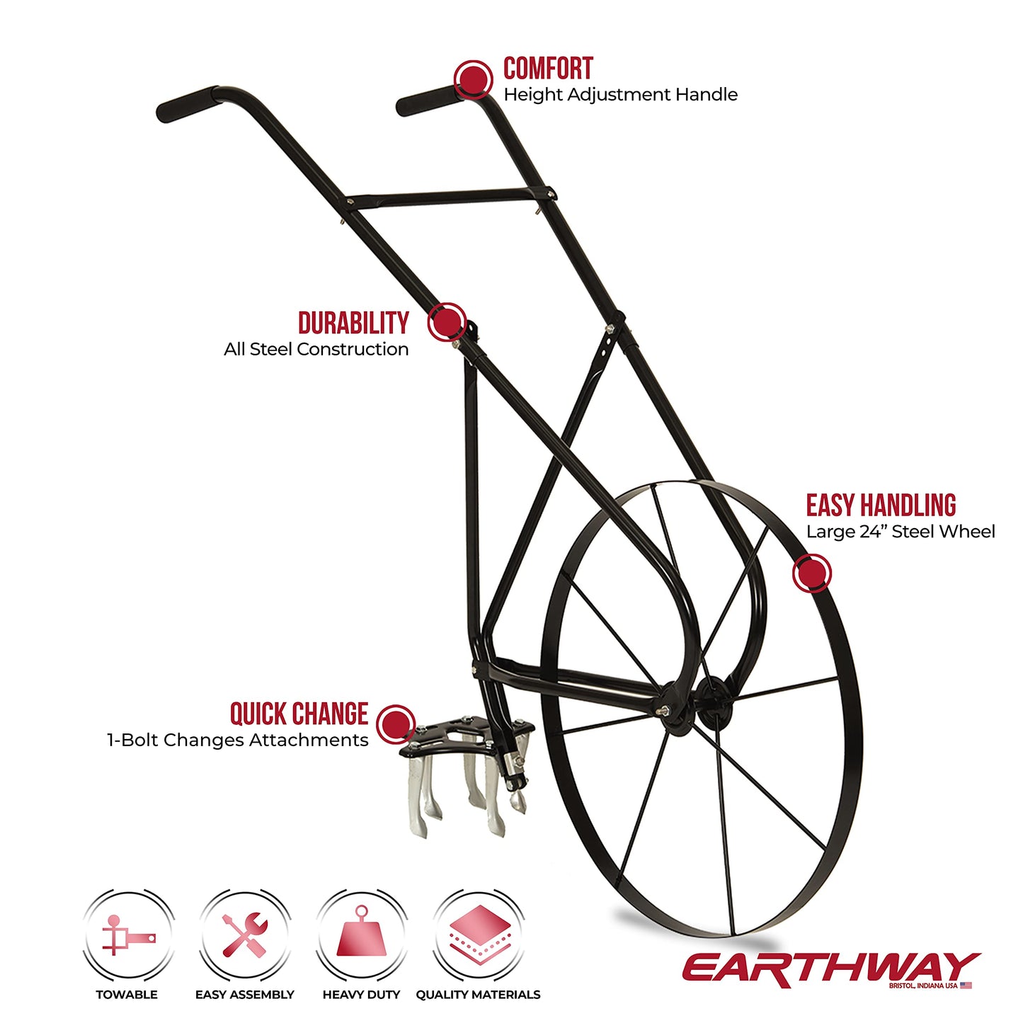 EarthWay 6500 High Wheel Tubular High Wheel Cultivator with Comfort Handle with 3- Position Adjustable, Quick Change Implements, and 24 Inch Steel Wheel