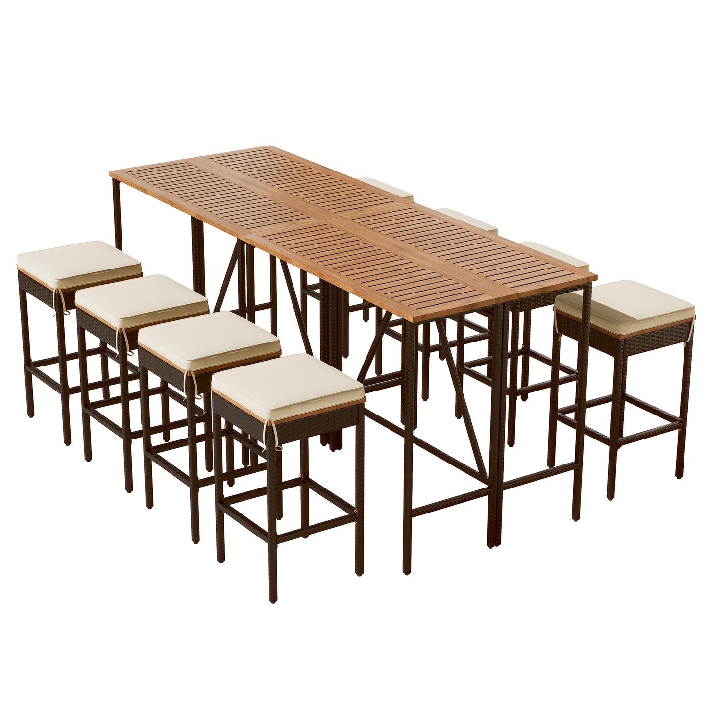Merax 10-Piece Outdoor Bar Height Table Set with 8 Stools & Cushions, Foldable Acacia Wood & PE Rattan Wicker Patio High-Dining Bistro Set, All-Weather Brown Furniture for Garden, Deck or Backyard