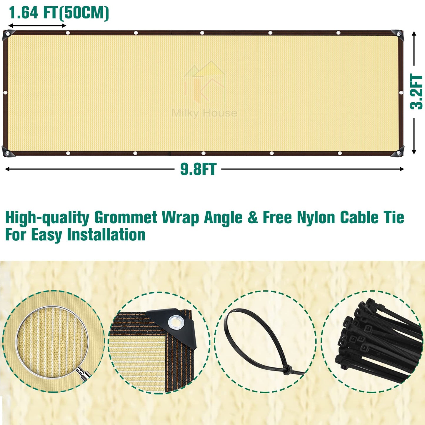 Sun Shade Cloth, Balcony Privacy Screen 10X3.4ft, Garden Shade Cloth with Grommets, Shade Net for Backyard Outdoor Sunblock, Shade Netting for Greenhouse Plants Porch Patio Deck Shade Screen Mesh Tarp