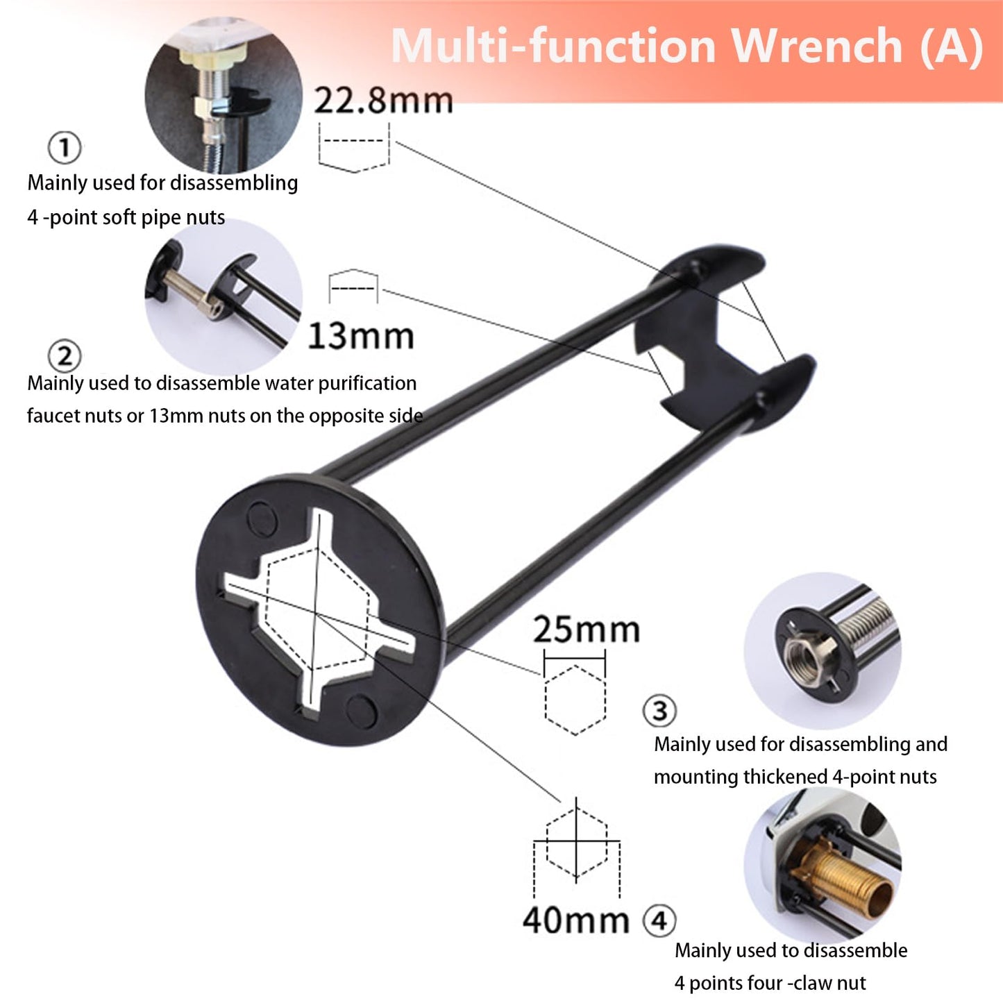 2 Pcs Four-jaw Hex Wrench, Basin Wrench Set,Tight Spaces Maintenance Installation Removal Faucet Tools, for Kitchen Bathroom Screws & Threads, Incompatible for Moen, Kohler, MasterFlow, Non-generic
