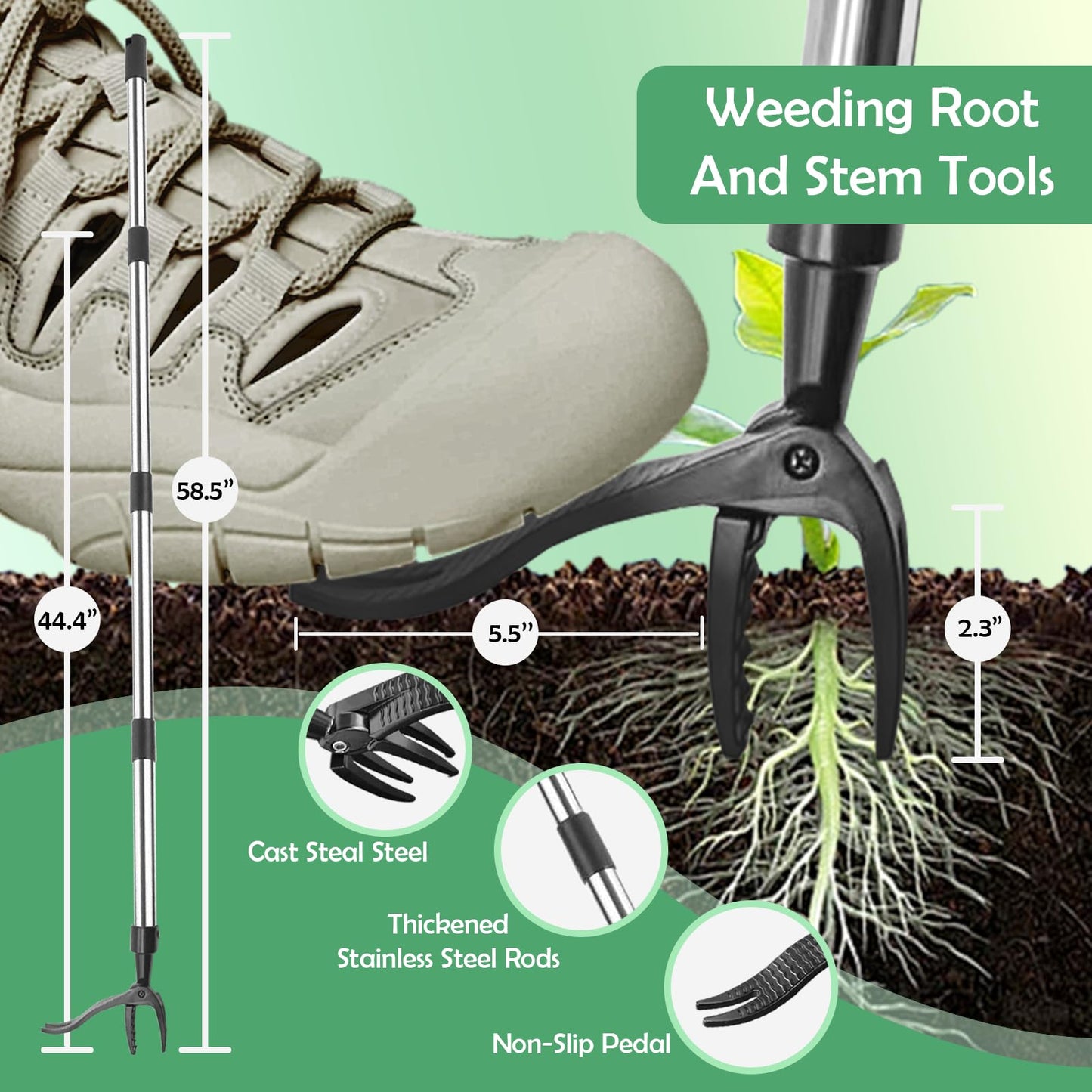 Garden Weed pullerToo,Heavy Duty 12" Multi Flat ShovelScraper, 14" Steel Thatch Rake with Adjustable Long Handle forLeaf & Moss& Edging & Ice & Snow Removal in Lawn, DrivewaysPatios, Cracks