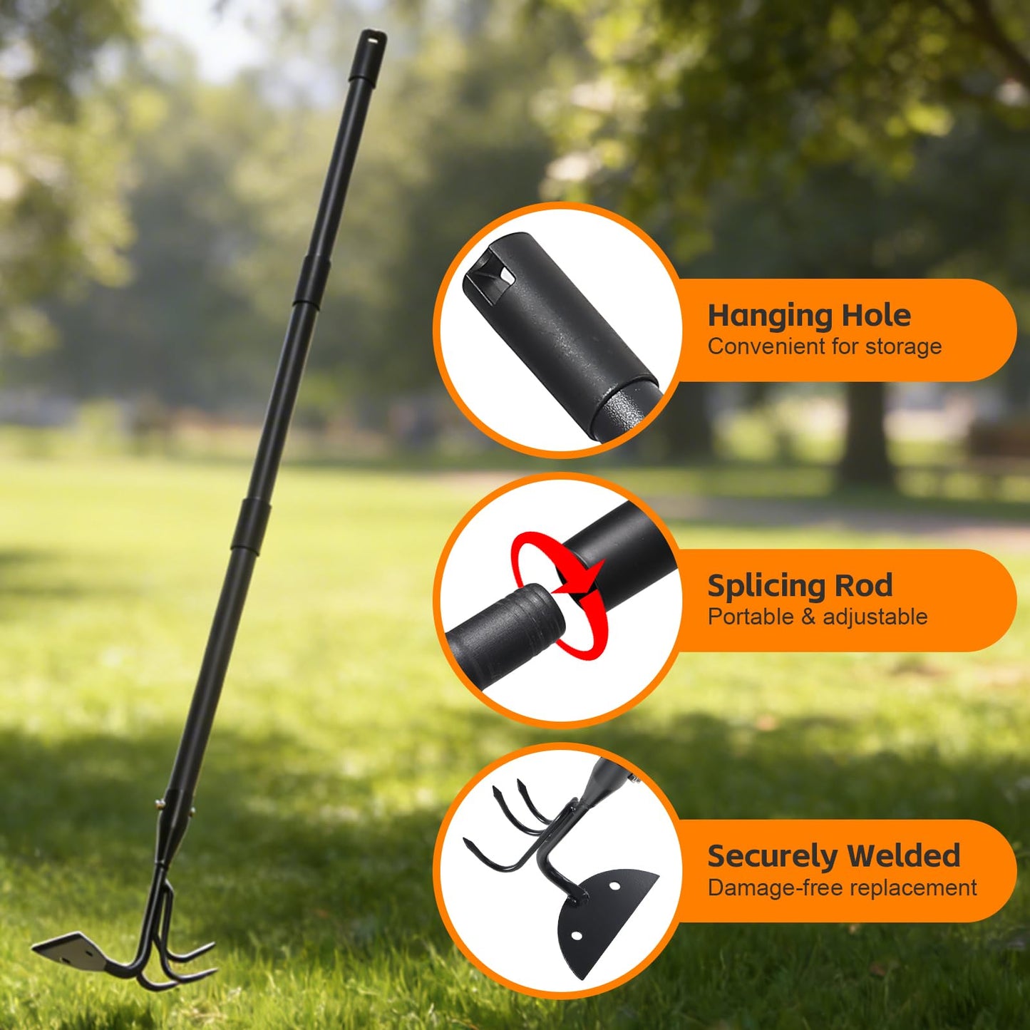 EUIJOIP 52" Heavy Duty 2-in-1 Hoe & Tiller Rake Garden Tool, 3-Tine Cultivator for Weeding and Soil Loosening, Long Handle Stand Up Digging Tool for Gardening and Planting