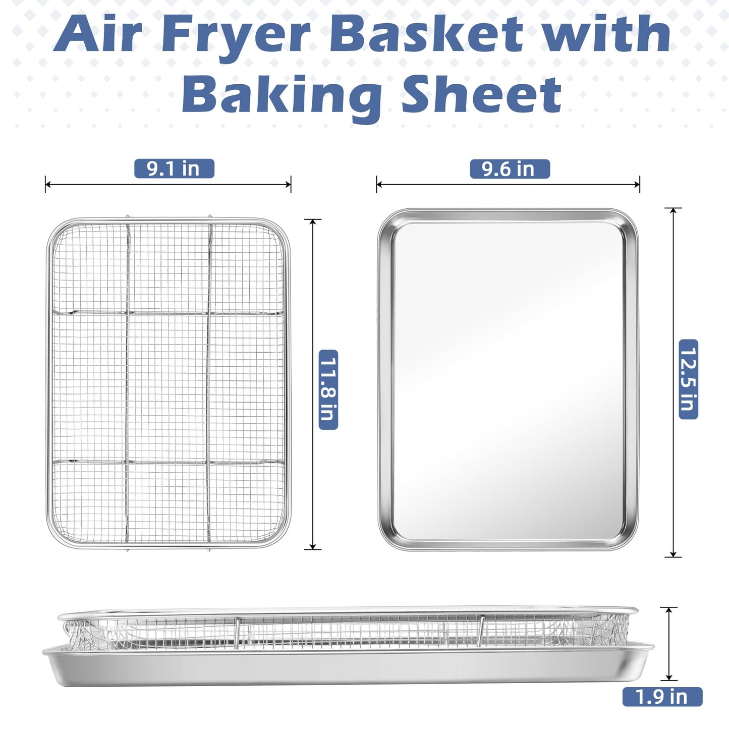 TeamFar Air Fryer Basket for Oven, 12.5”x9.6” Stainless Steel Air Fryer Basket and Tray, Oven Air Fryer Rack with Baking Pan for Cooking Baking Broiling Grilling, Heavy Duty & Dishwasher Safe
