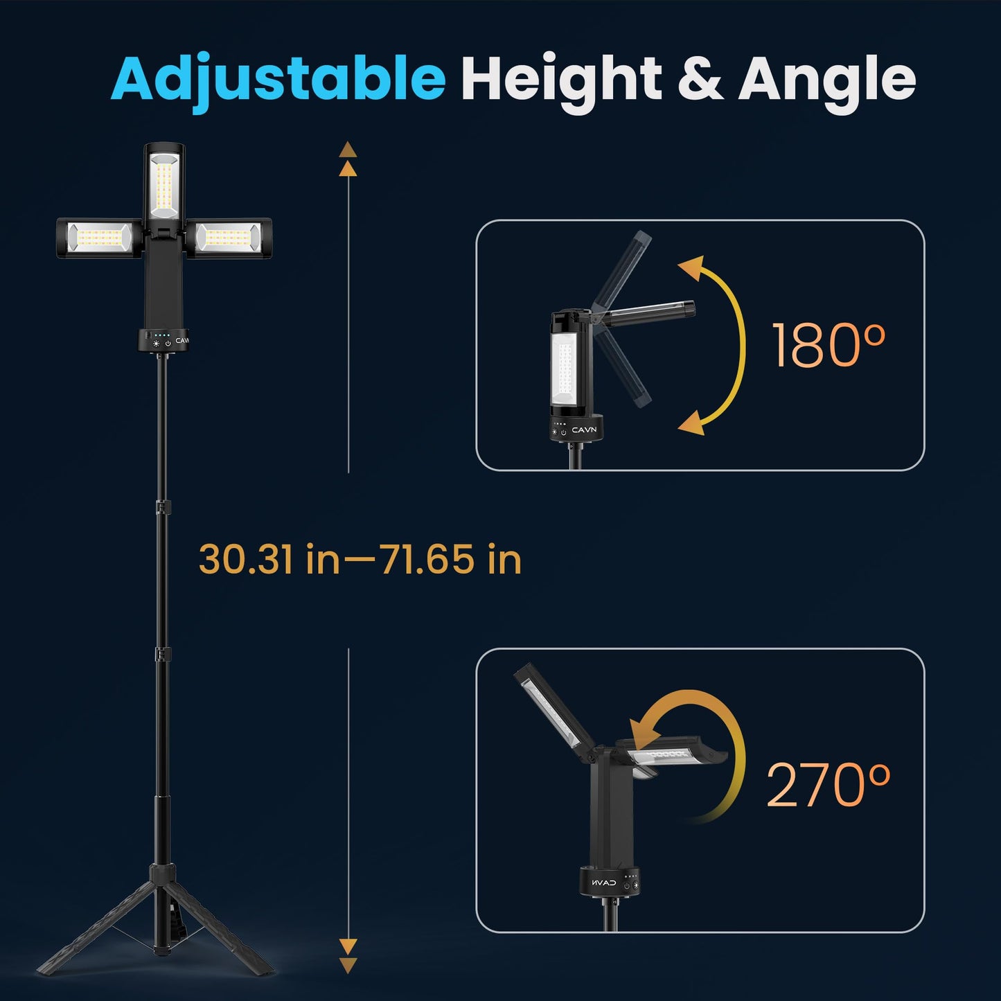 CAVN Rechargeable Camping Lights with Remote & Detachable Tripod Max Height 6.0 ft, Portable Work Light with 3 LED Lamp Heads, Camping Essentials Gear Emergency Flashlight with Hook, Black