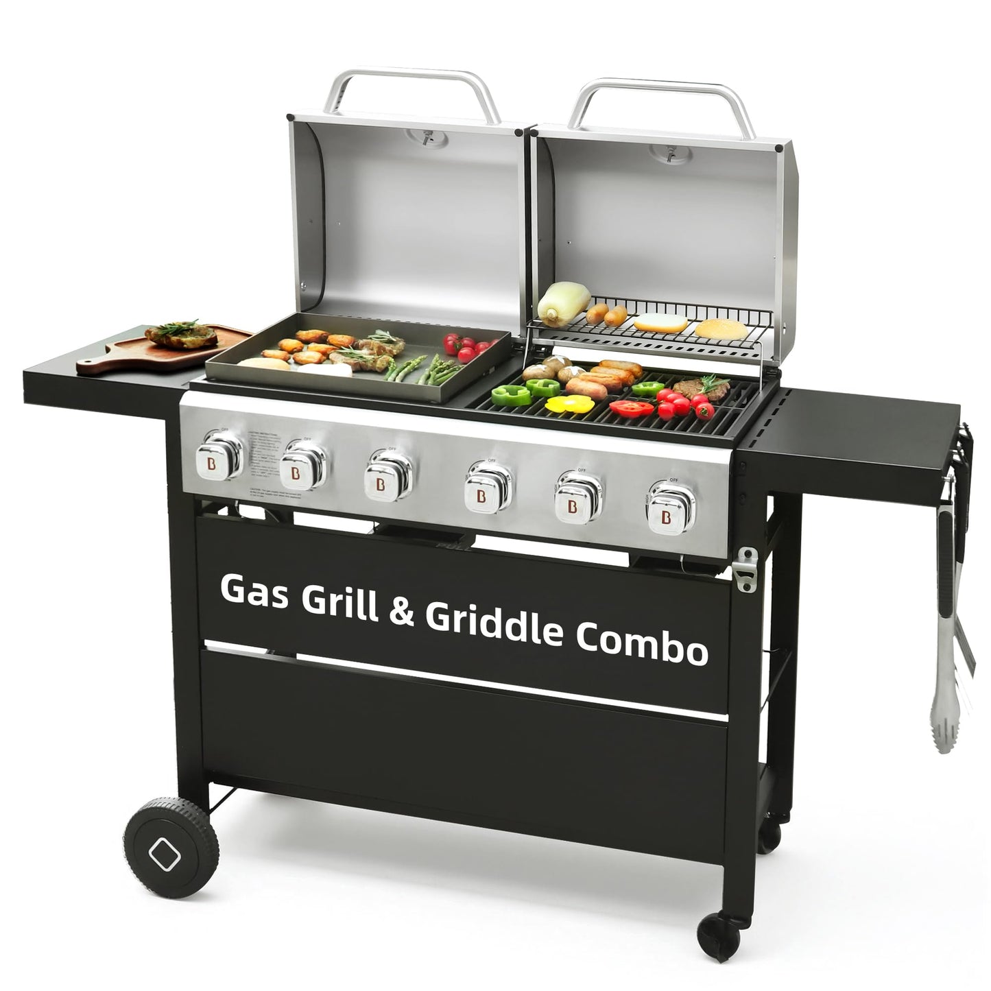 Flintex 6 Burner Propane Gas Grill Griddle Combo with Porcelain-Enameled Cast Iron Grates & Cast Iron Pan, Dual Outdoor BBQ Grill With Flat Top Griddle for Backyard Barbecue, 610 sq.in.