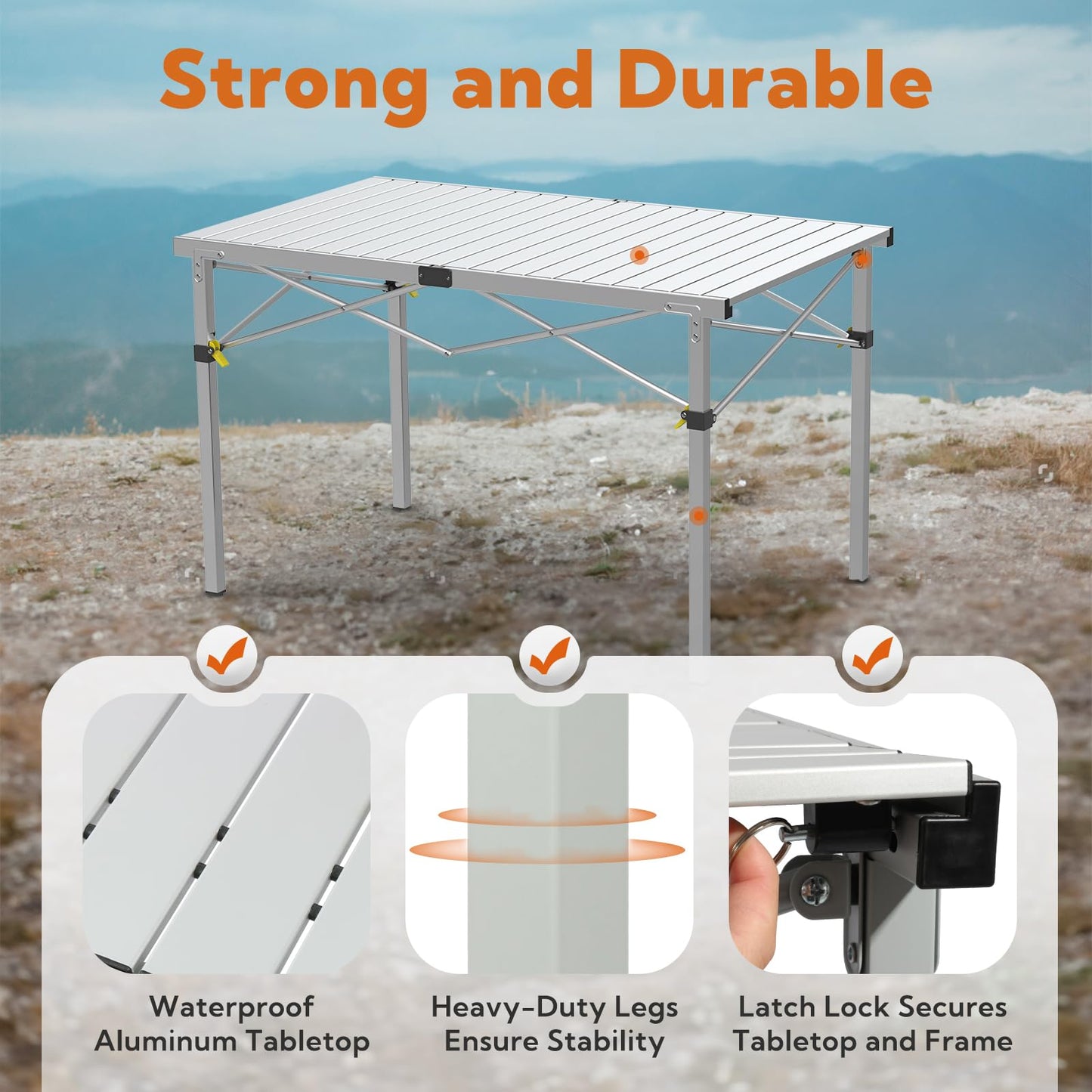Large 46.4" Camping Table for 2-6 People - 220lbs Capacity Heavy Duty Foldable Outdoor Table with Aluminum Roll-Up Top & Carry Bag, Portable Picnic Desk for BBQ, Tailgating, Backyard (Silver)